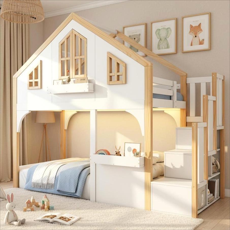 Lit superposé enfant 90x200 cm en bois de pin blanc avec escalier de rangement et bandeau LED intégré pour chambre d'enfant