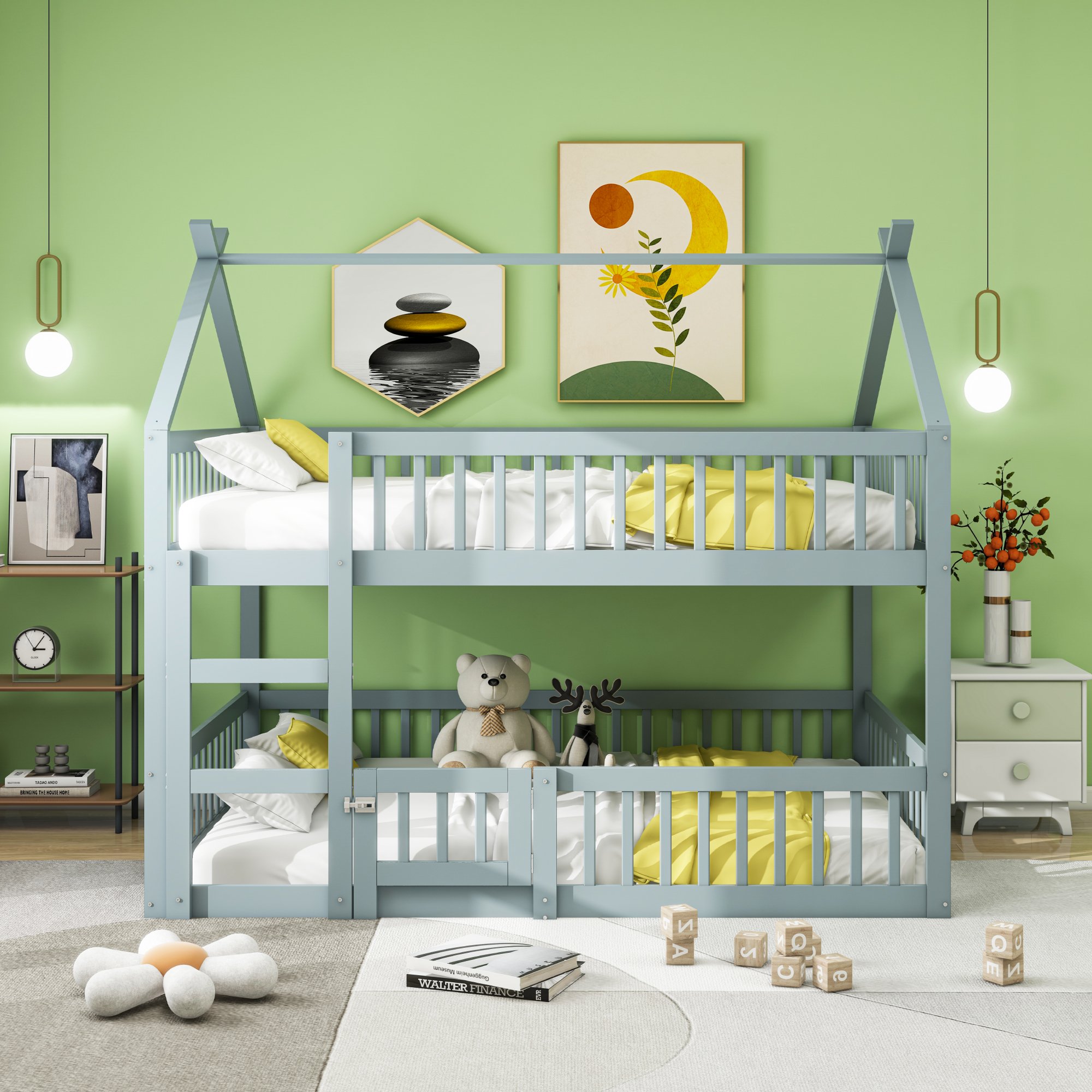 Lit superposé enfant 140x200 avec escalier et rangement, bois massif gris, familial