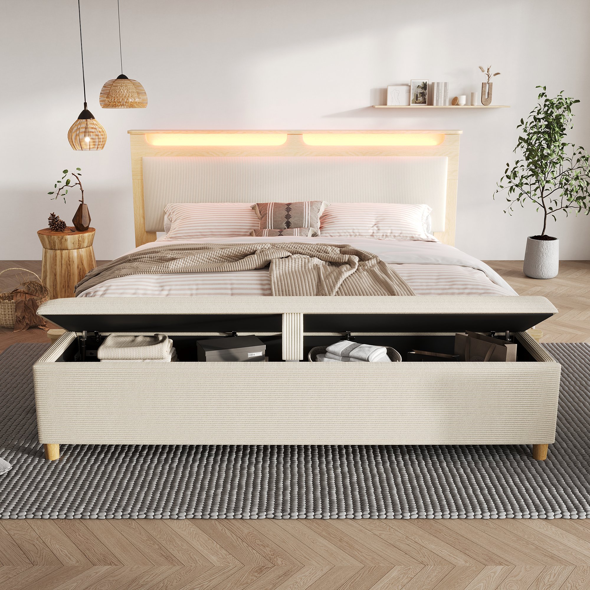 Lit coffre 140x200 structure chêne clair et tête de lit capitonnée corduroy beige, incluant matelas et banc de lit assorti
