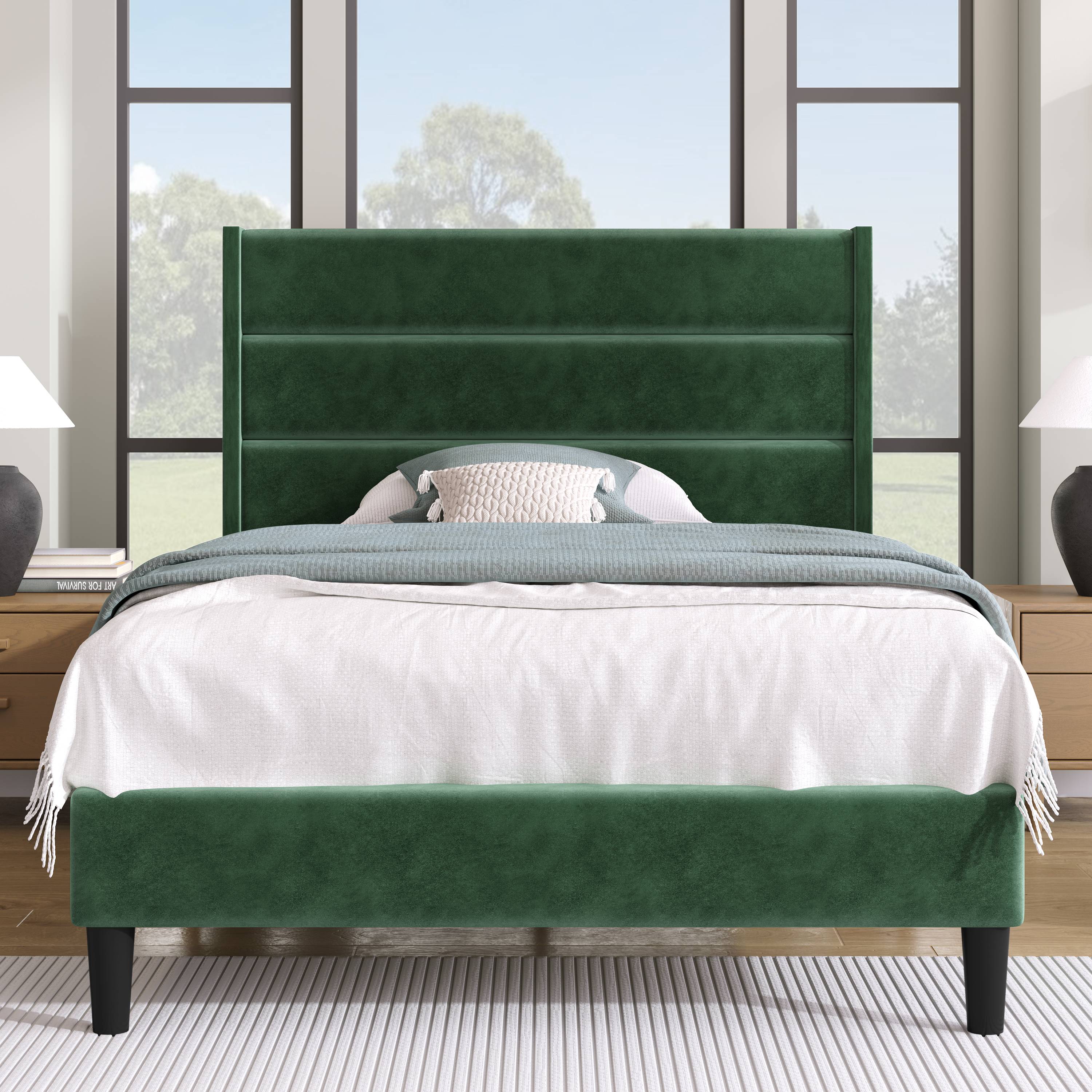 Lit double rembourré 140x200 en velours vert foncé avec sommier à lattes et design contemporain épuré
