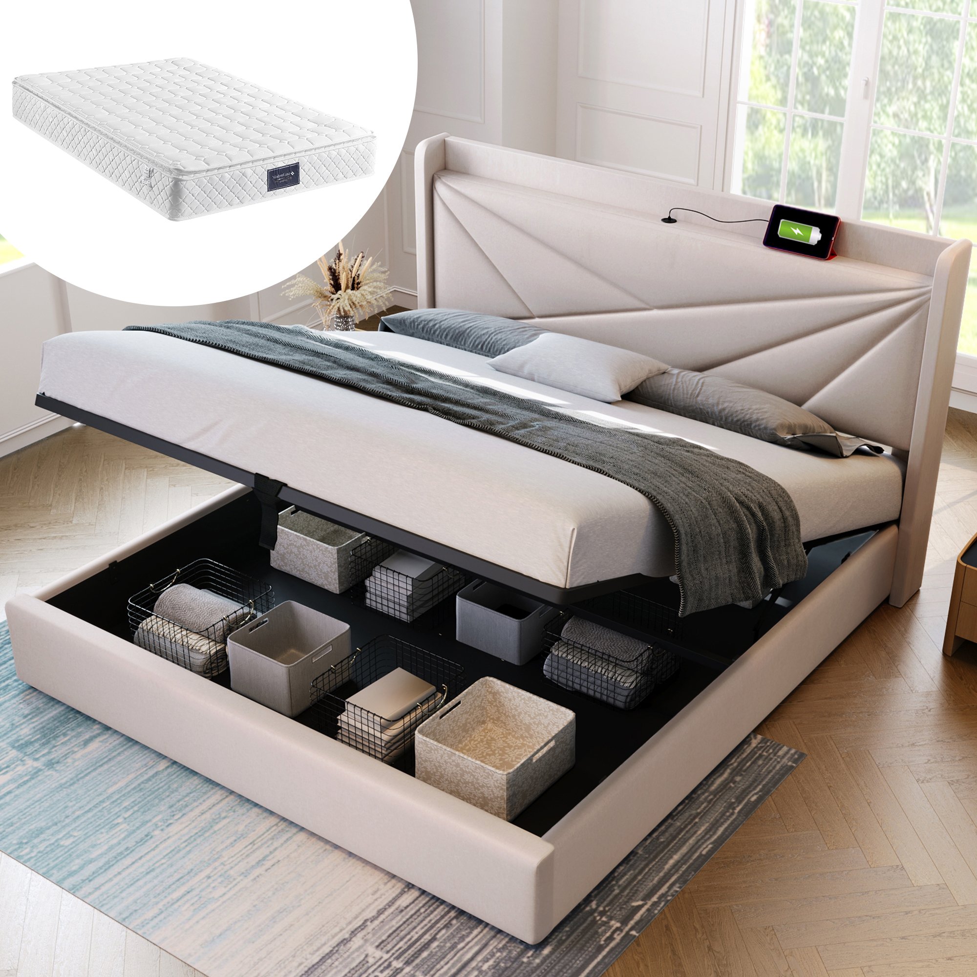 lit coffre 140x200 avec structure en métal et bois, revêtement en coton lin beige, tête de lit rembourrée et sommier à lattes