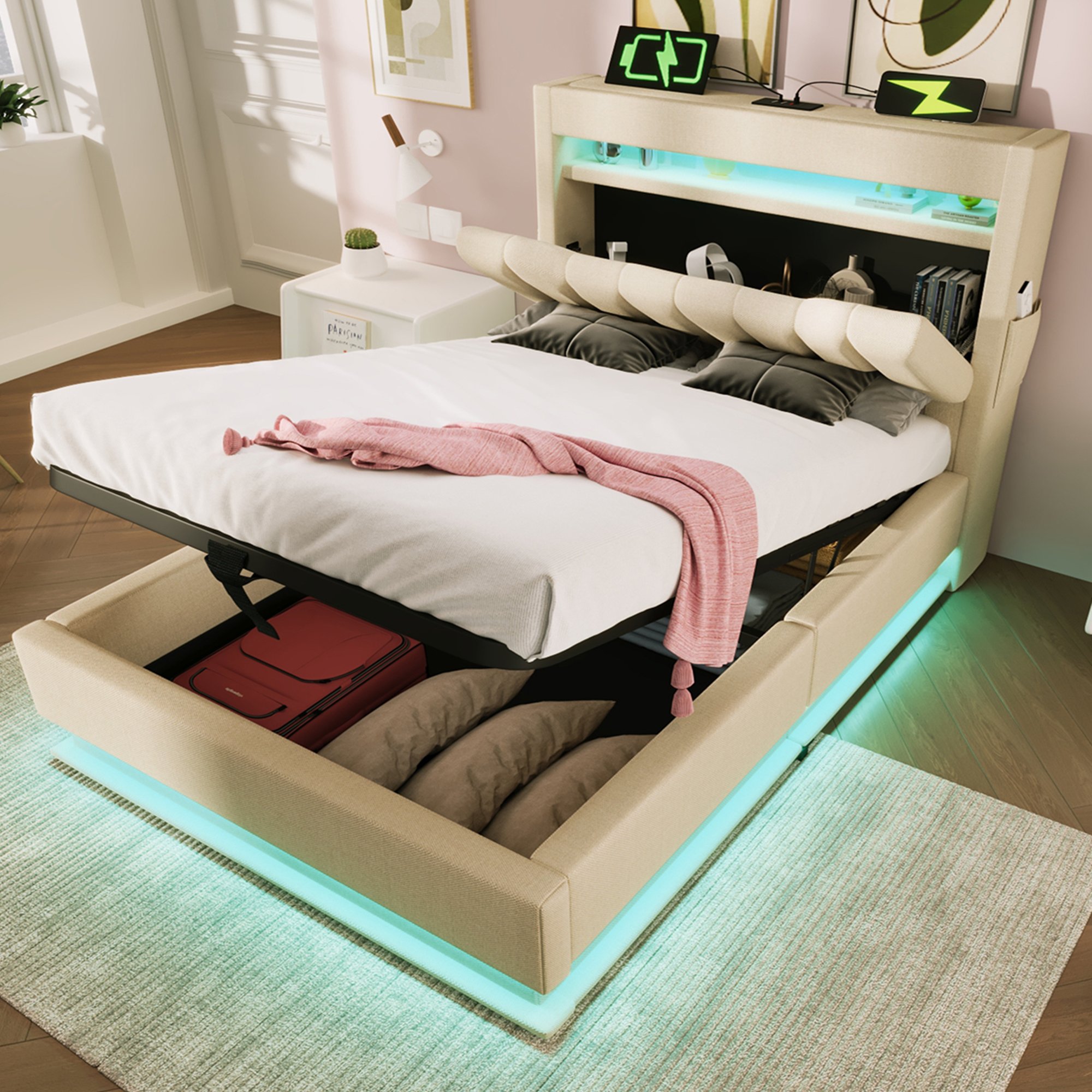 lit coffre 90x200 cm pour chambre adulte, cadre de lit rembourré beige avec coffres de rangement latéraux et éclairage LED