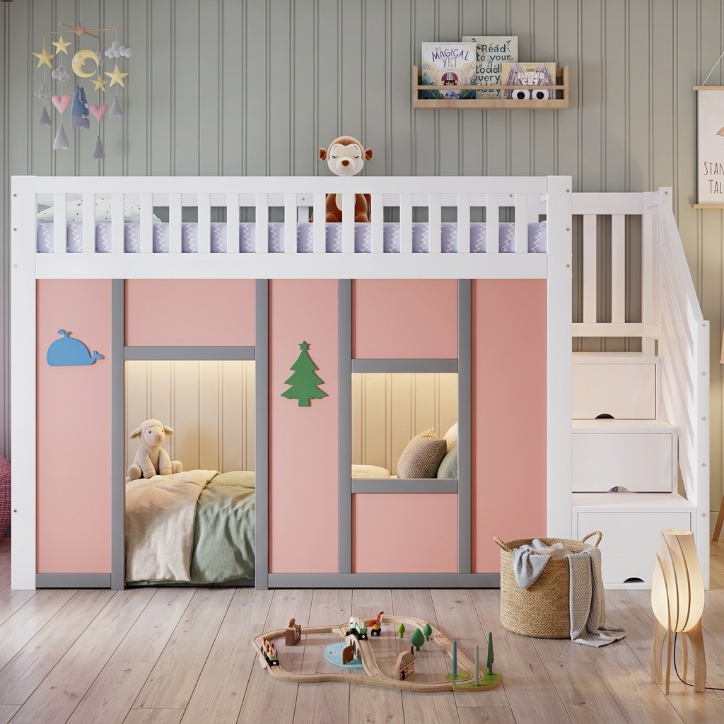 Lit mezzanine 90x200 blanc et rose avec rangement, LED et espace de jeu
