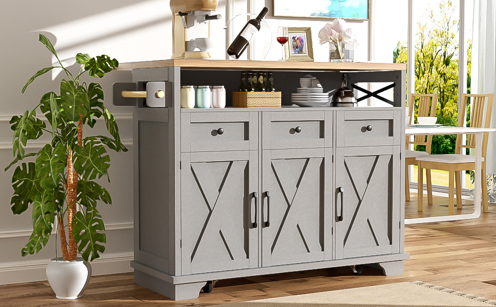 Petit îlot de cuisine avec rangement et roulettes, gris, plan de travail en bois, extensible 118x43-80x98 cm, Panneau composite de fibres de bois à densité et métal