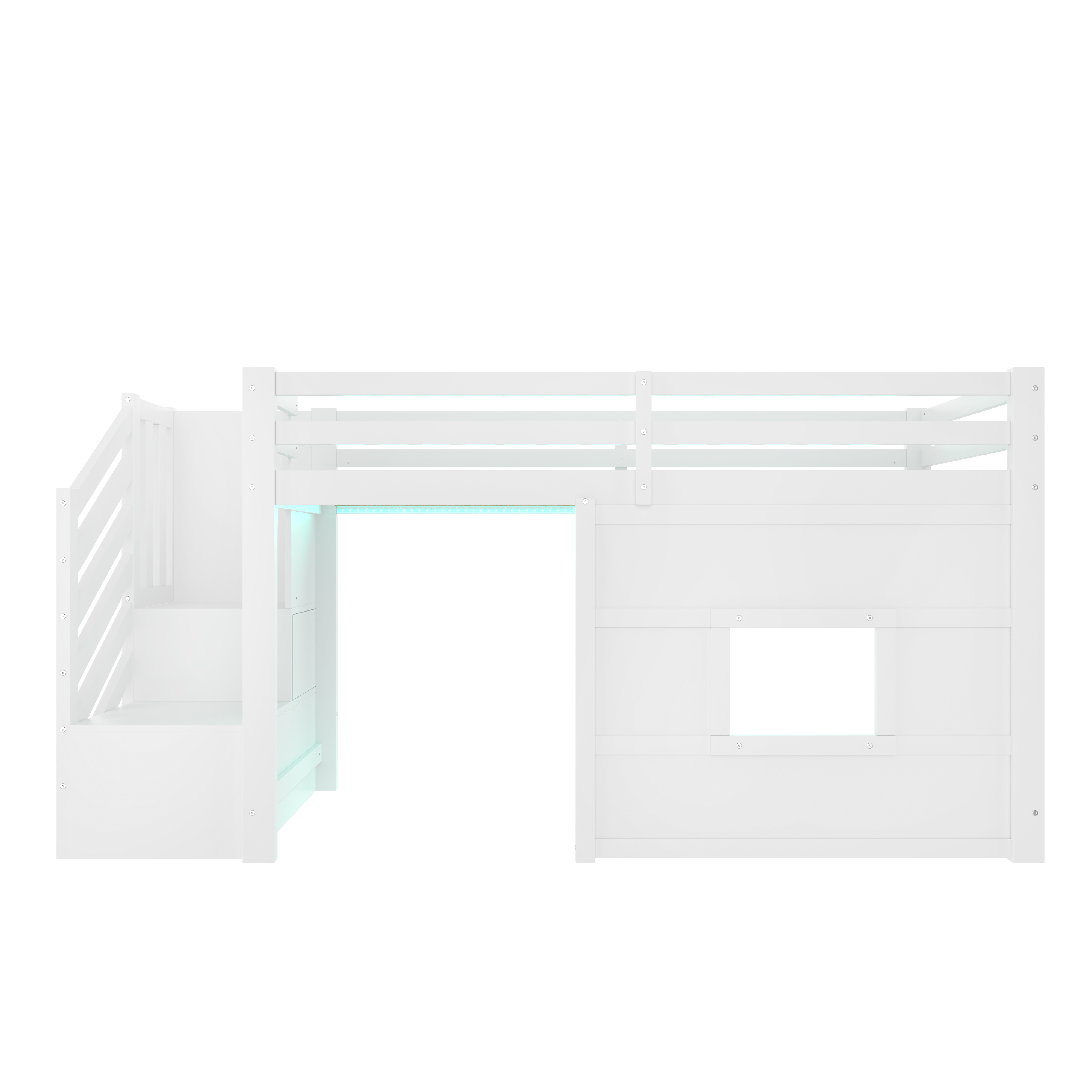 Lit mezzanine avec escalier de rangement, fenêtre et LED, couchage 90x200
