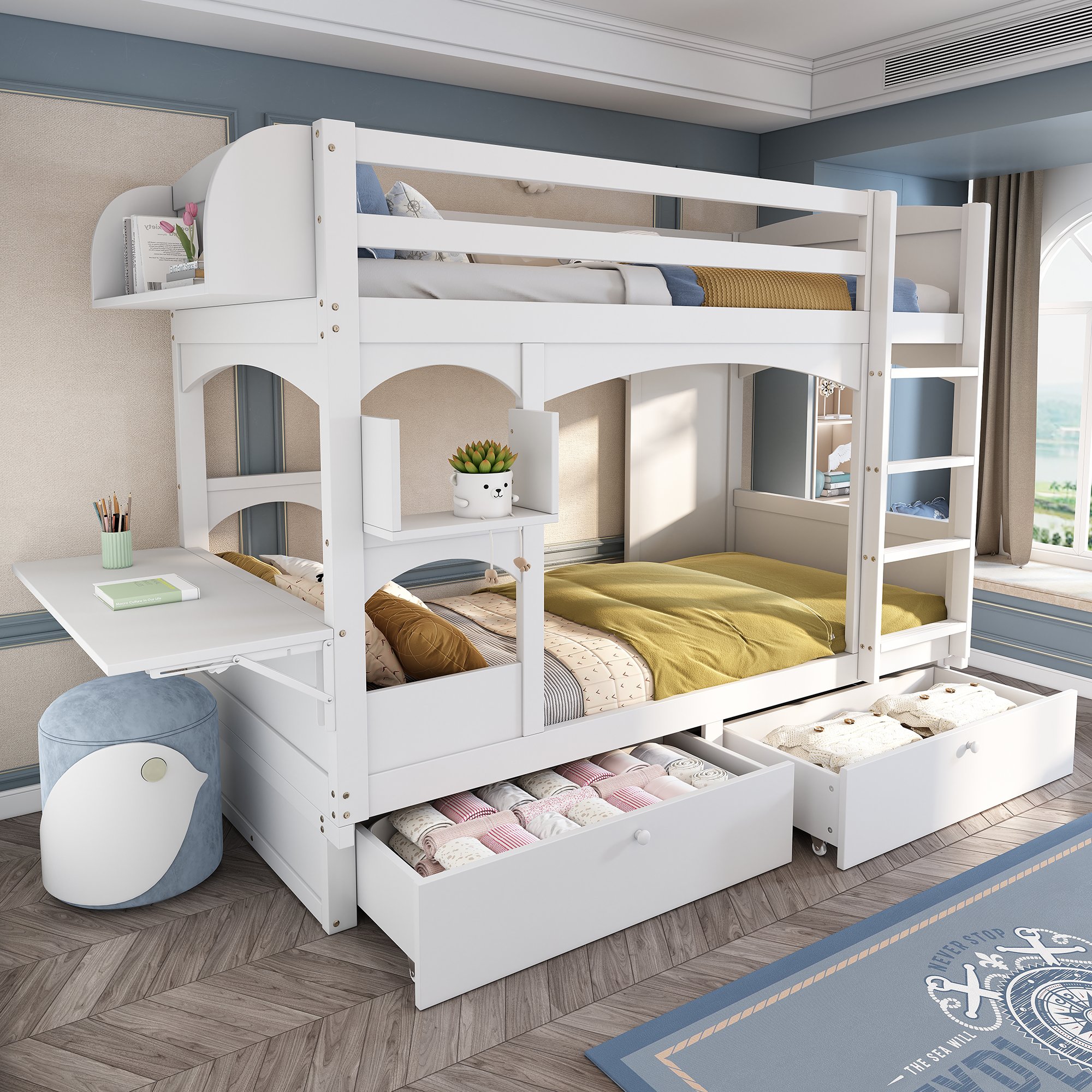 Lit superposé enfant 90x200 cm blanc, charge max 300 lbs par niveau, avec bureau pliable, étagères et tiroirs de rangement