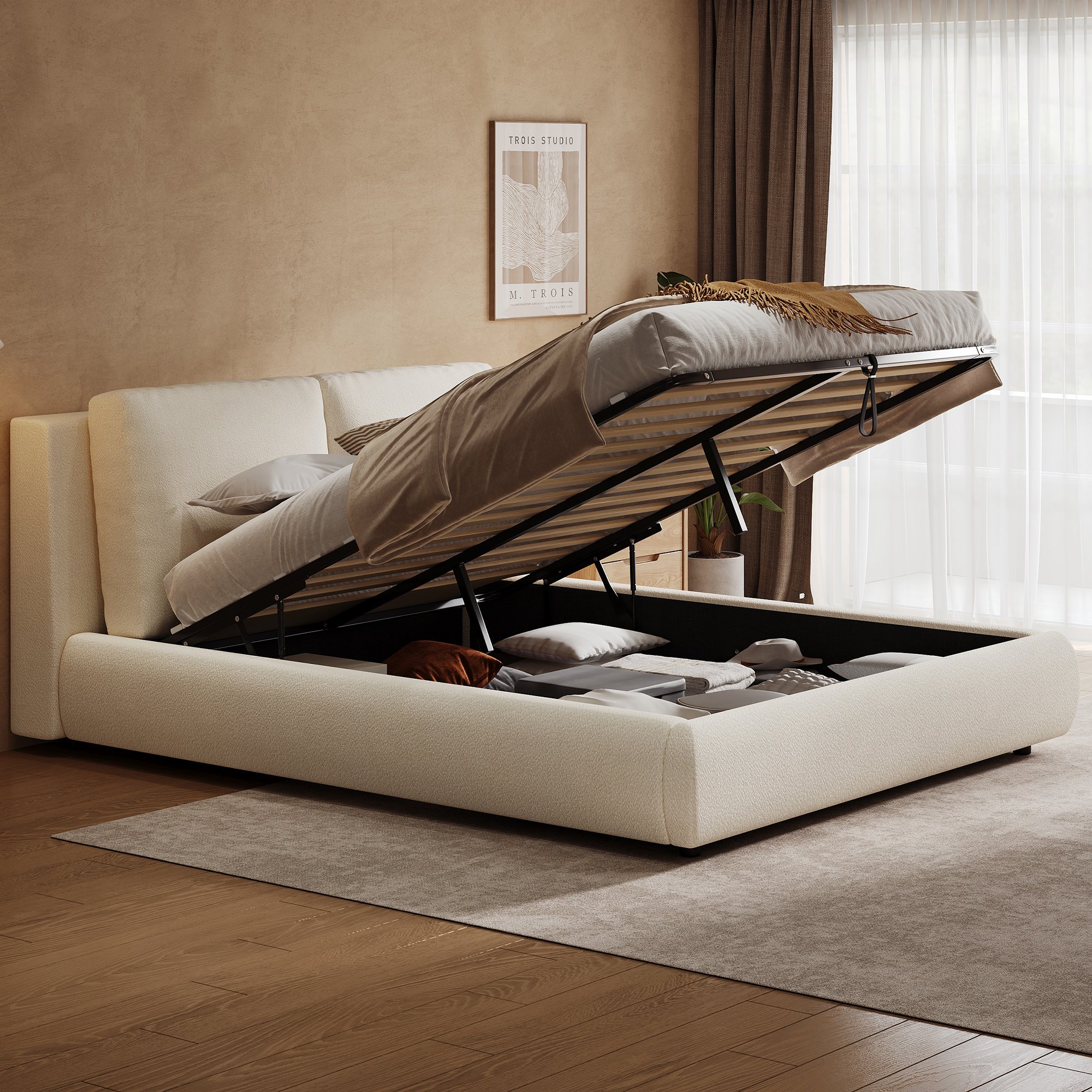 Lit coffre 160x200 beige bouclé avec tête de lit ergonomique inclinée pour soutien lombaire et système de levage hydraulique
