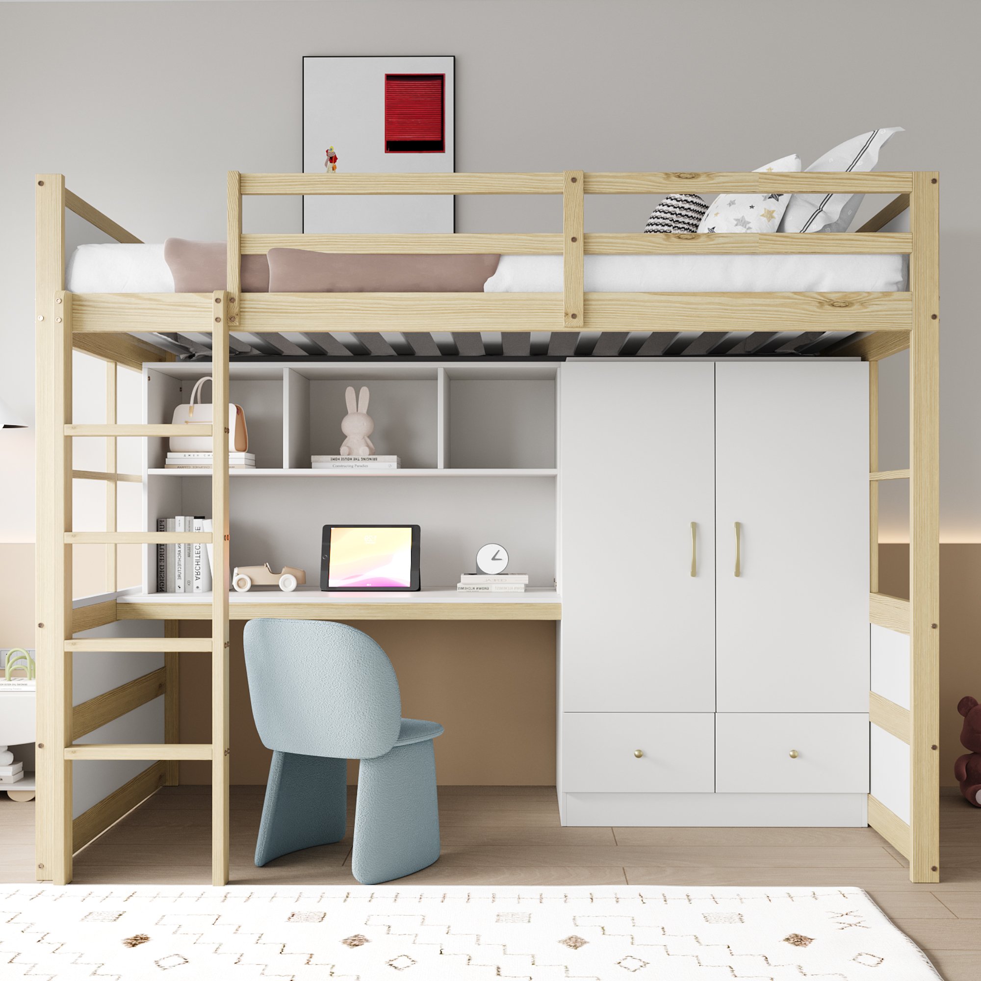 Lit mezzanine 90x200 avec bureau et rangement, lit enfant en hauteur avec armoire et tiroirs, bois naturel