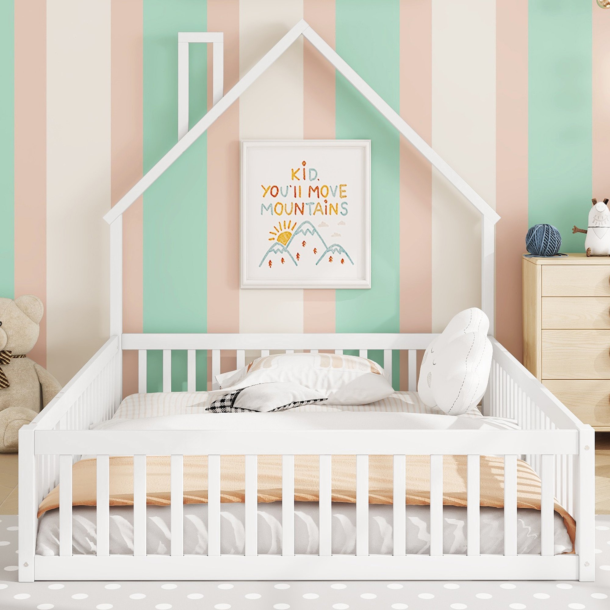 Lit enfant en pin et Panneau composite de fibres de bois à densité blanc avec sommier à lattes, 140x200 cm, barrière de sécurité