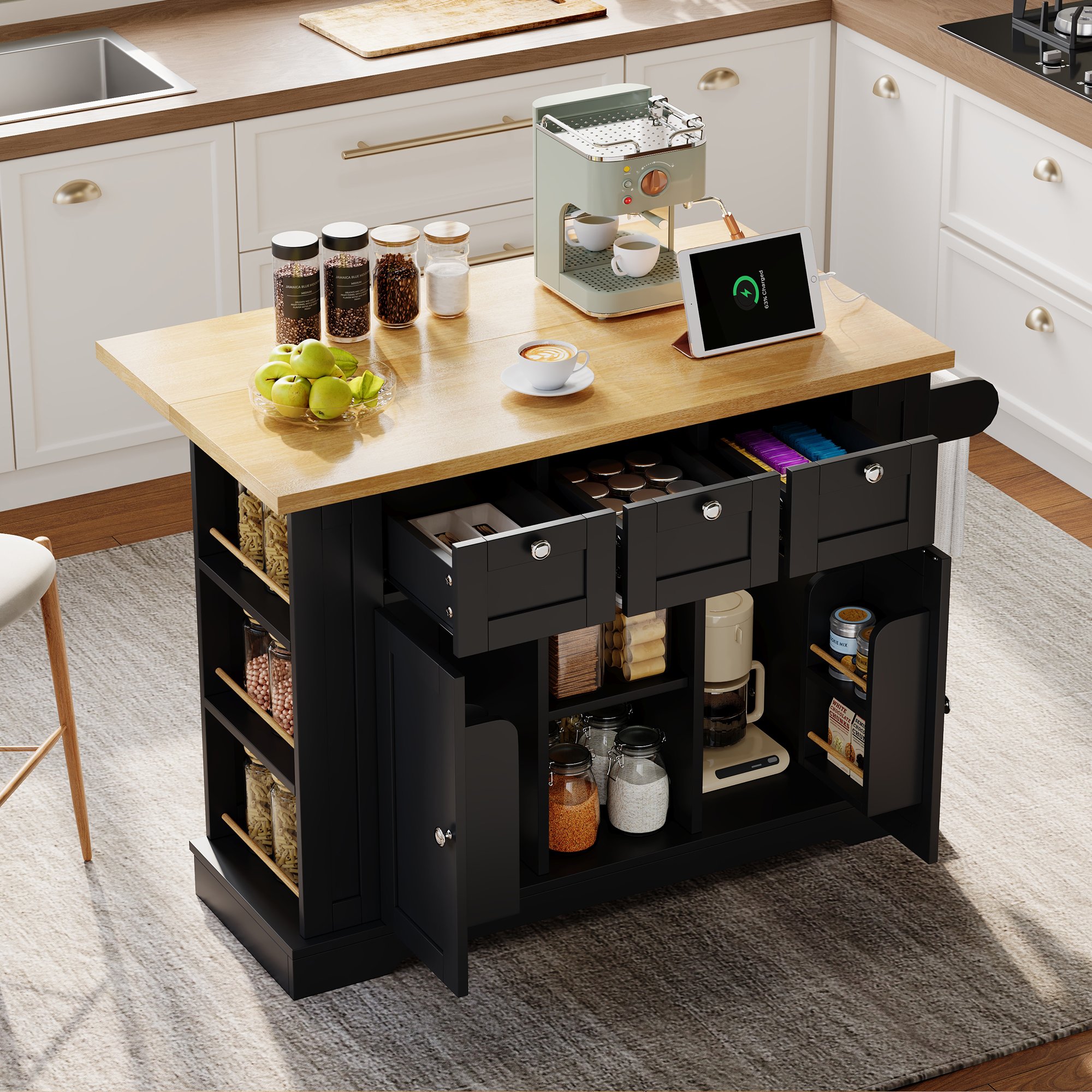 Îlot de cuisine sur roulettes avec plan de travail escamotable, rangements, prises USB, porte-serviettes, style campagne, 132 cm
