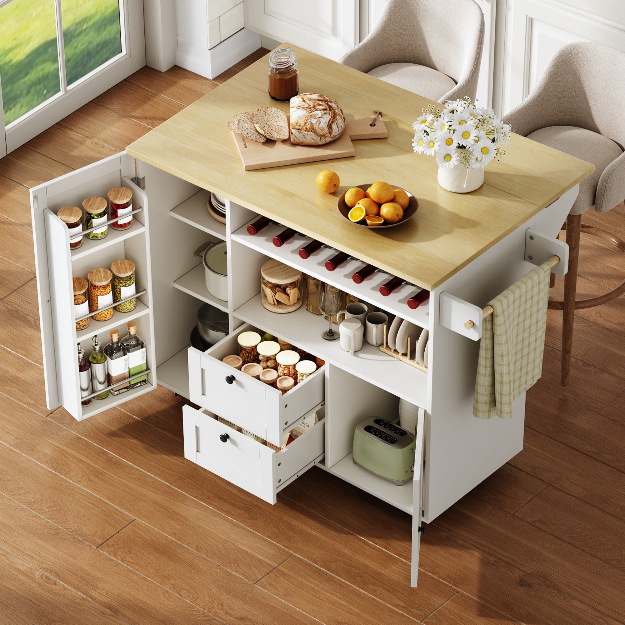 Rangement optimisé avec tiroirs, cave à vin et porte-serviettes