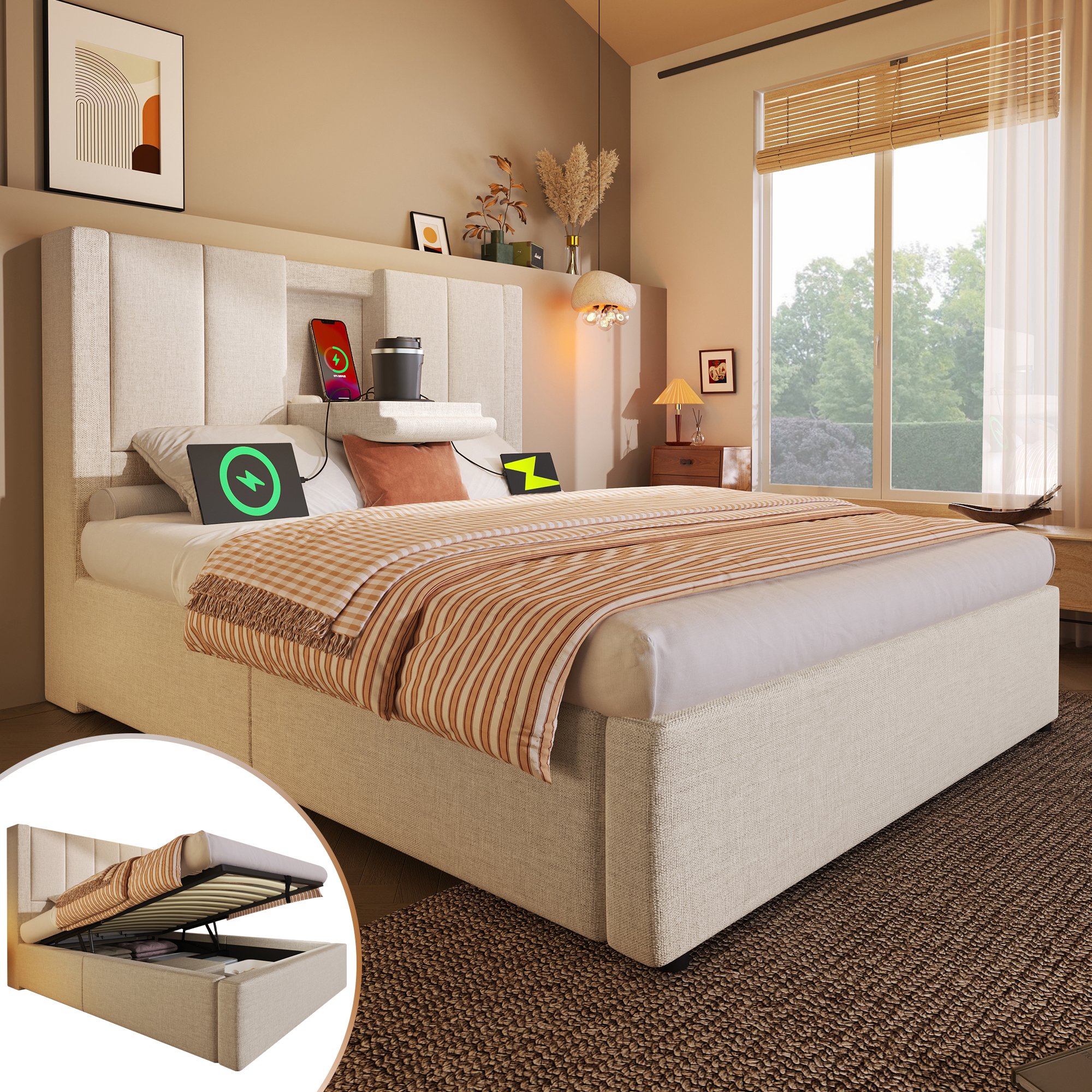 lit coffre 90x200 avec station de charge USB et Type-C, porte-gobelet caché, rangement hydraulique sous le lit beige en lin