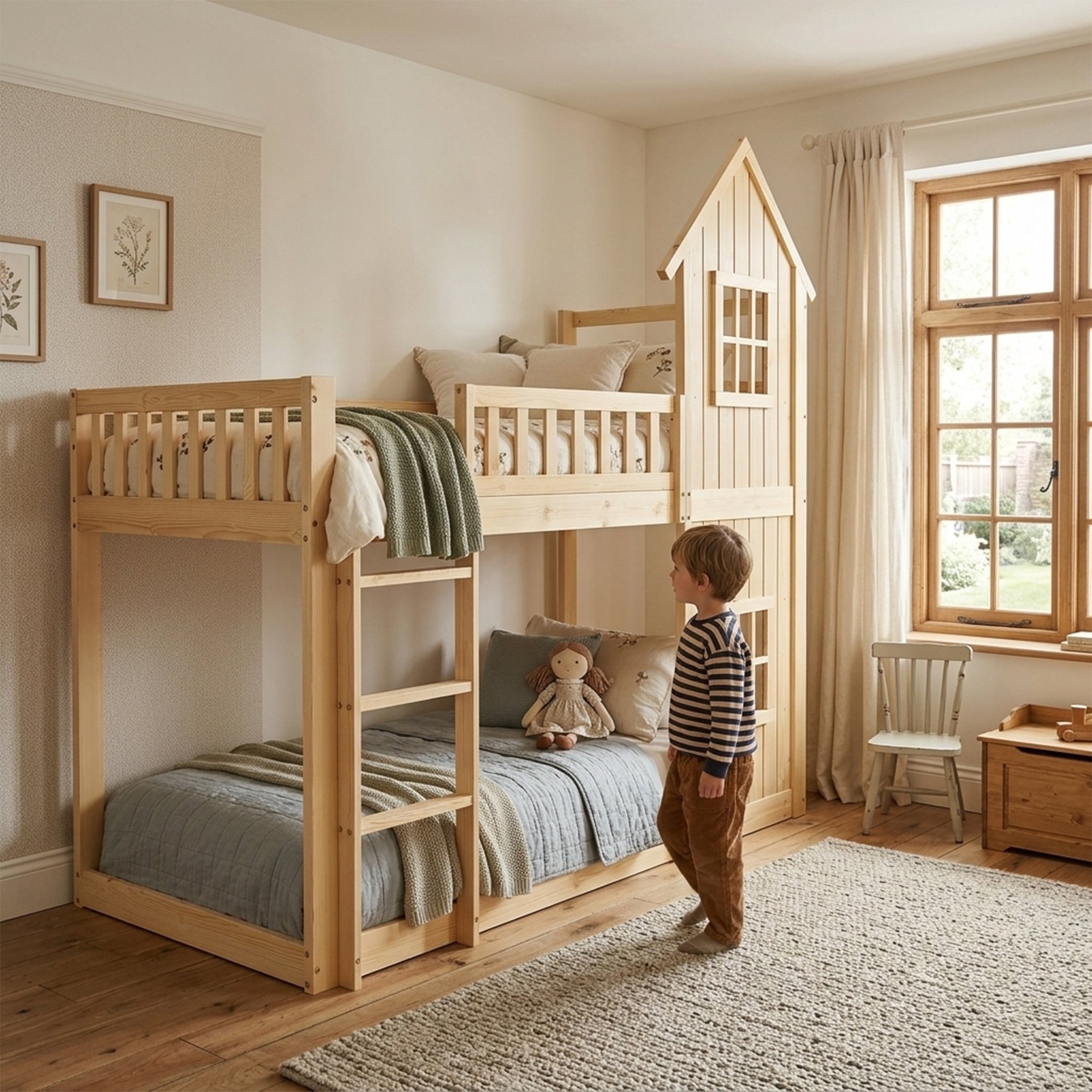 Lit superposé enfant 90x200 en pin naturel avec escalier et fenêtres
