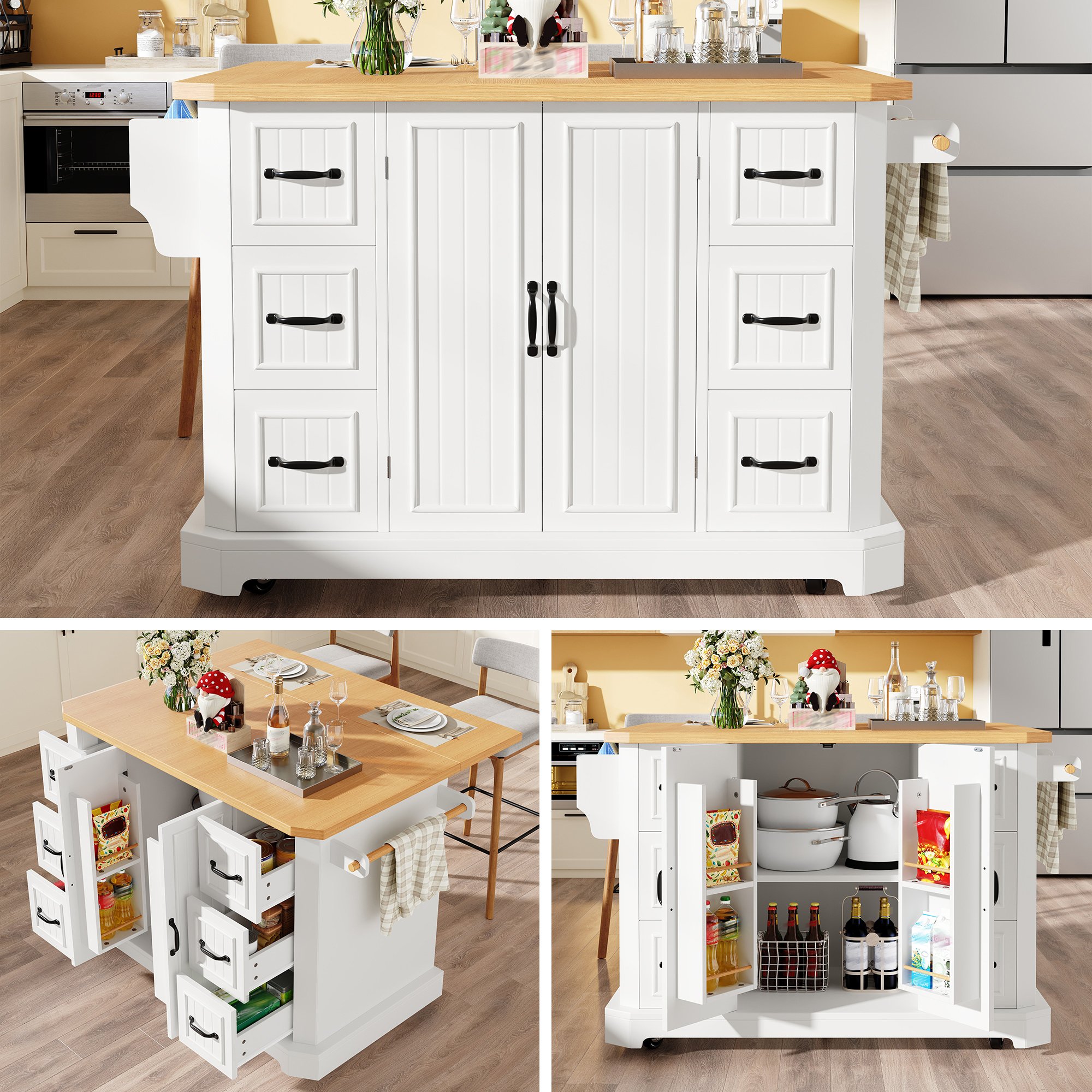 Îlot de cuisine roulant avec rangement, 2 portes et 6 tiroirs, blanc, Panneau composite de fibres de bois à densité et métal, 120x45x91 cm, roulettes freinables