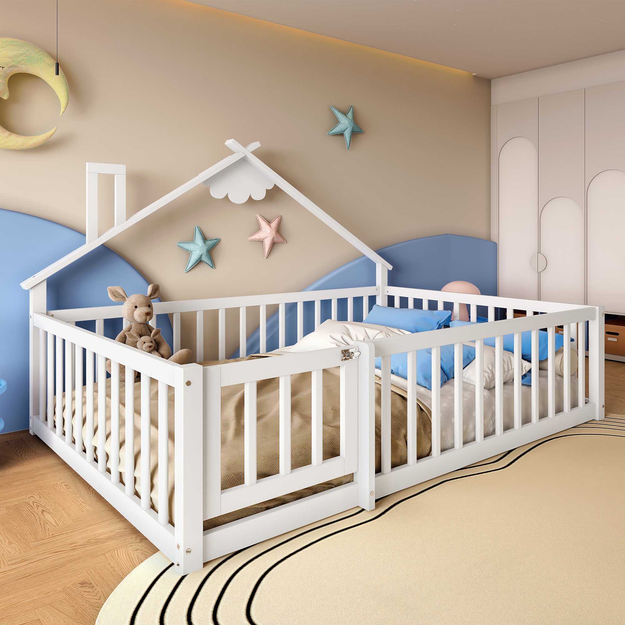 Lit enfant avec barrière verrouillable et design maison, 140x190 cm, en pin massif blanc