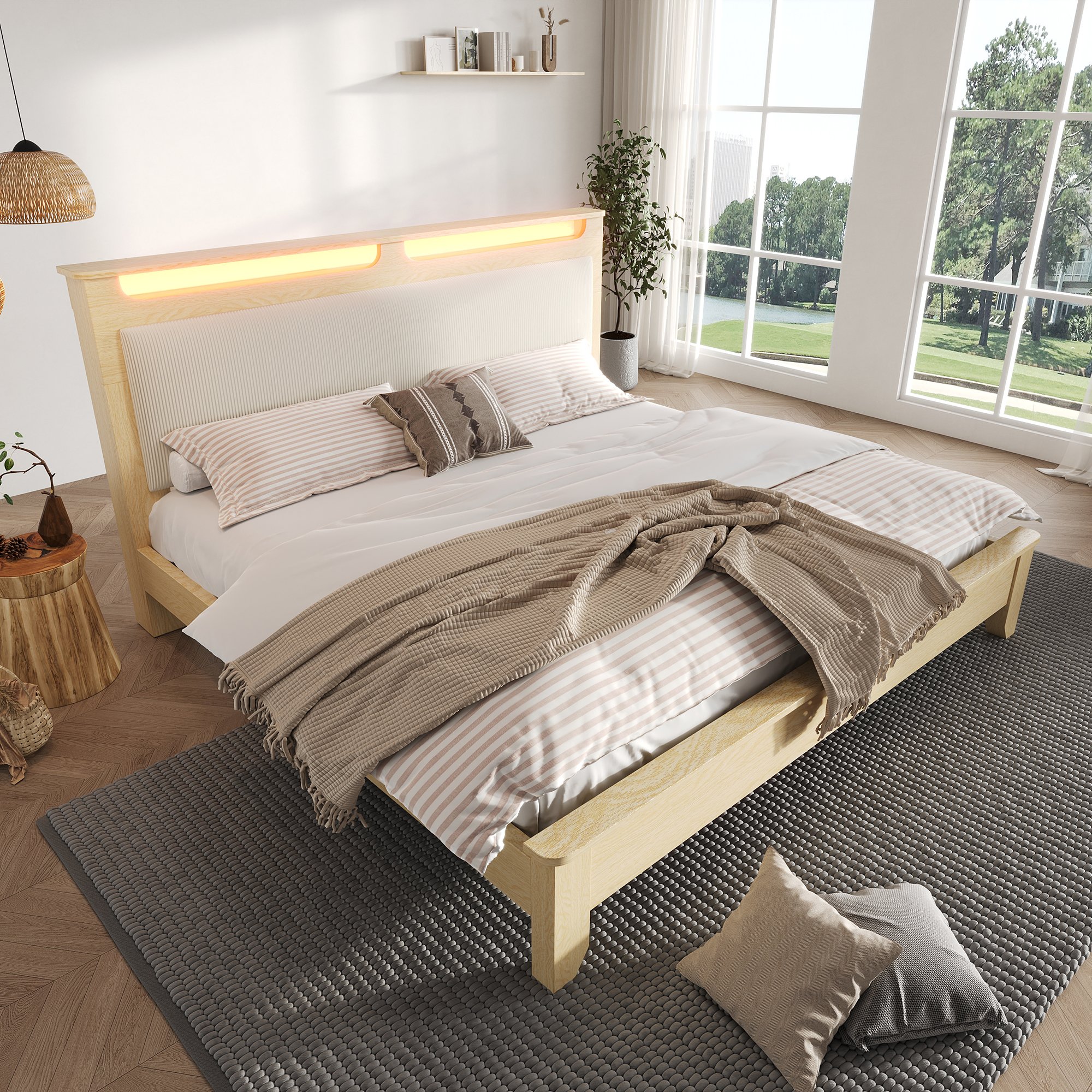 Lit coffre 140x200 structure bois clair et tête de lit capitonnée corduroy beige, sommier à lattes et LED