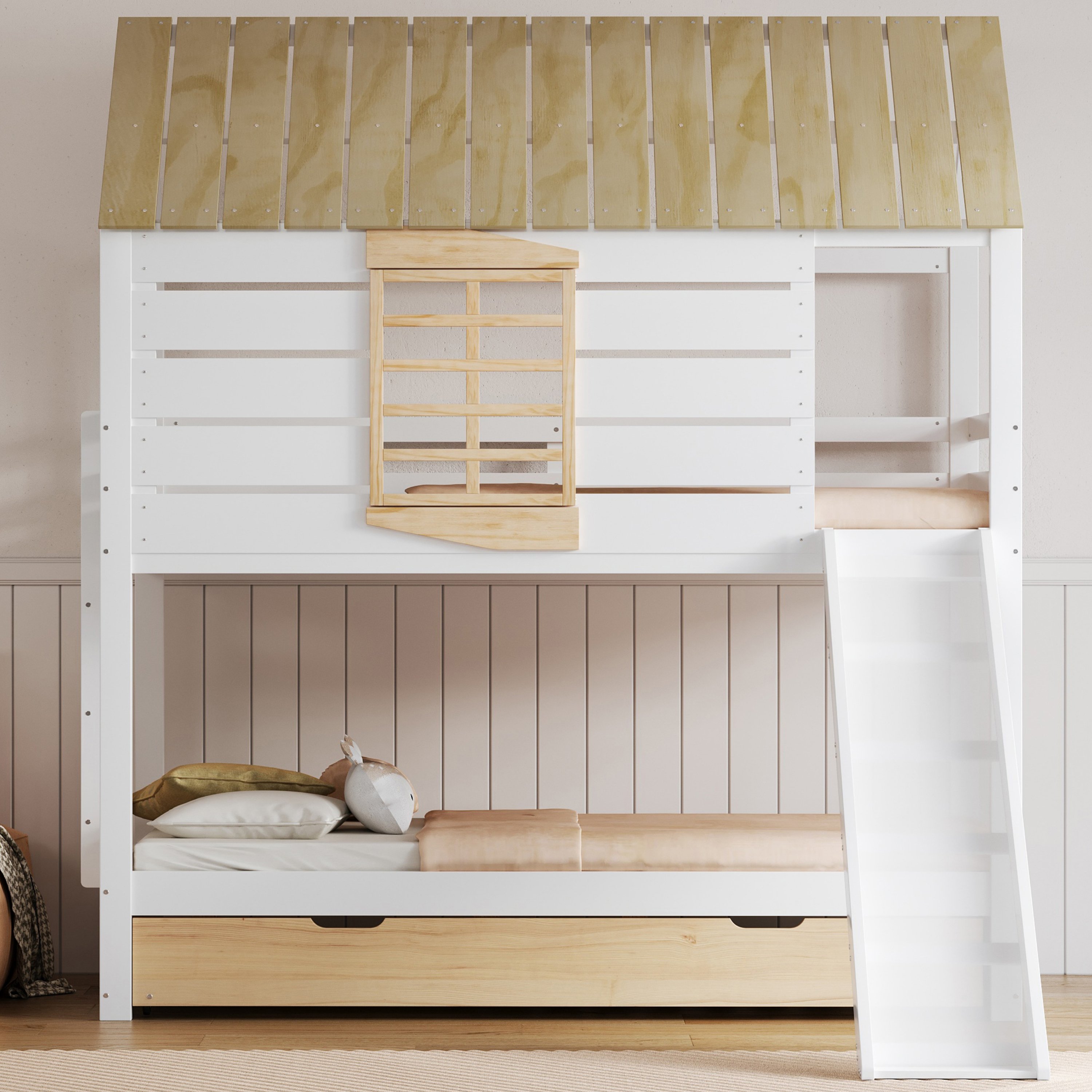 Lit superposé 90x200 avec toboggan et lit escamotable, 4 colis, à monter soi-même