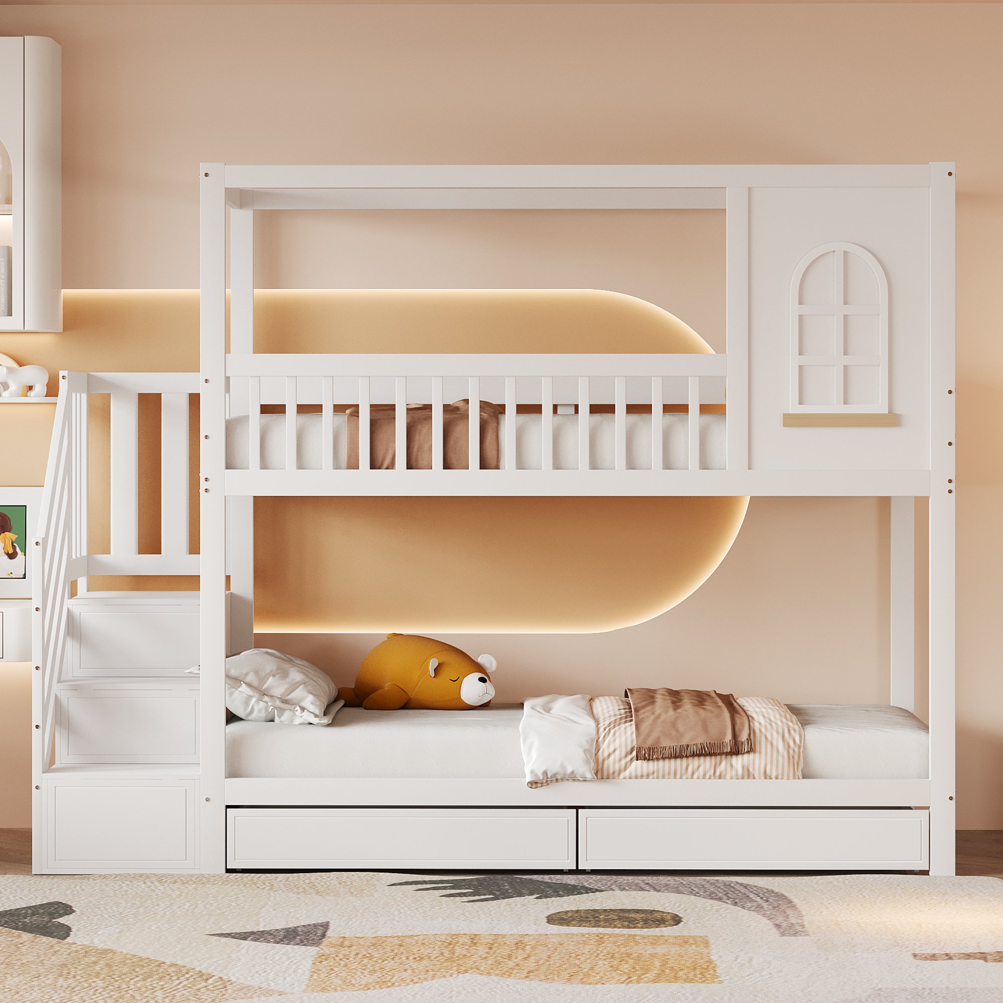 Lit superposé enfant 90x200 en bois massif blanc avec rangement et échelle de sécurité