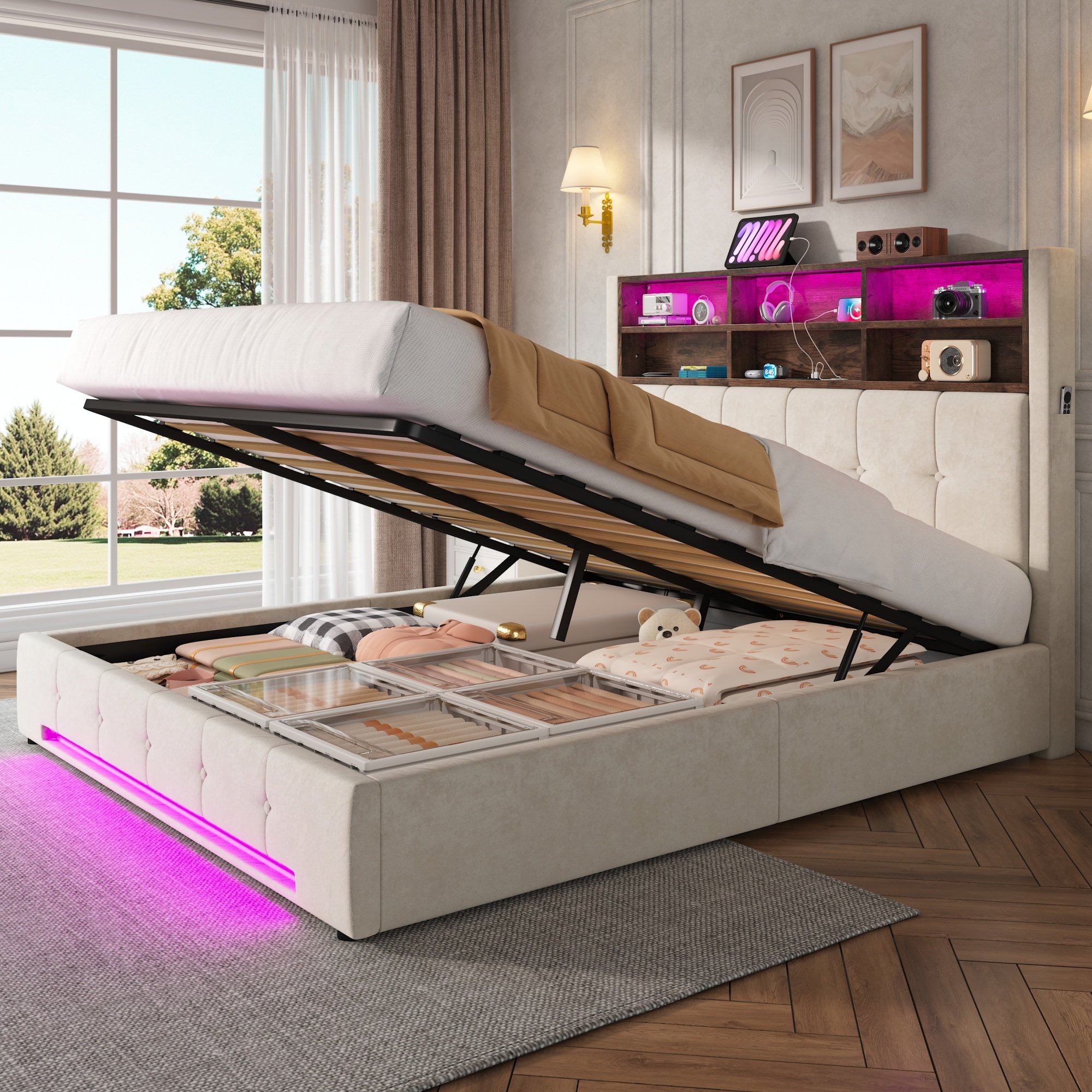 Lit coffre 160x200 en velours beige avec tête de lit multifonctionnelle, rangement hydraulique, LED et USB-C