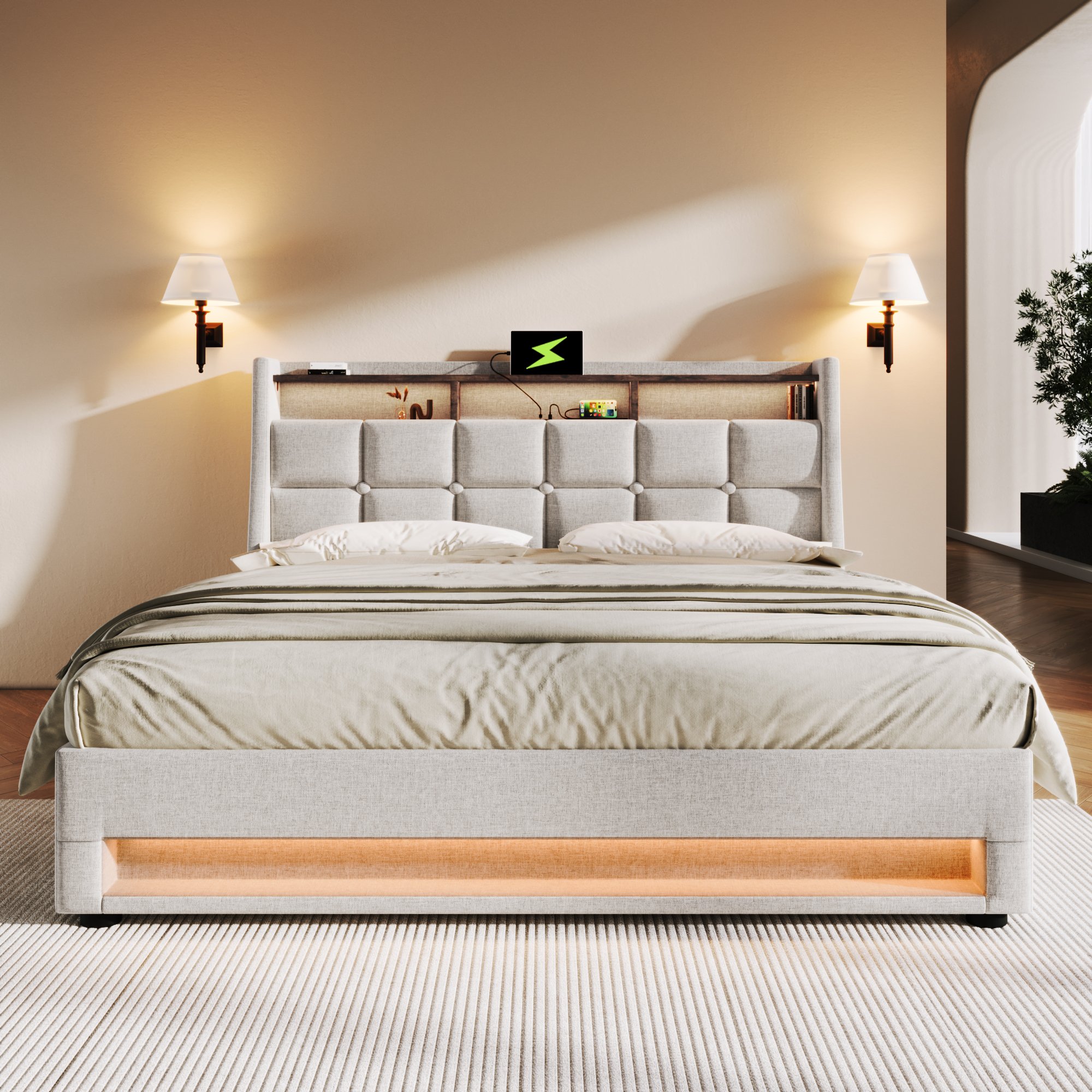 Lit double avec sommier et matelas, lit 140x200 rembourré beige LED USB, cadre de lit moderne avec rangement hydraulique