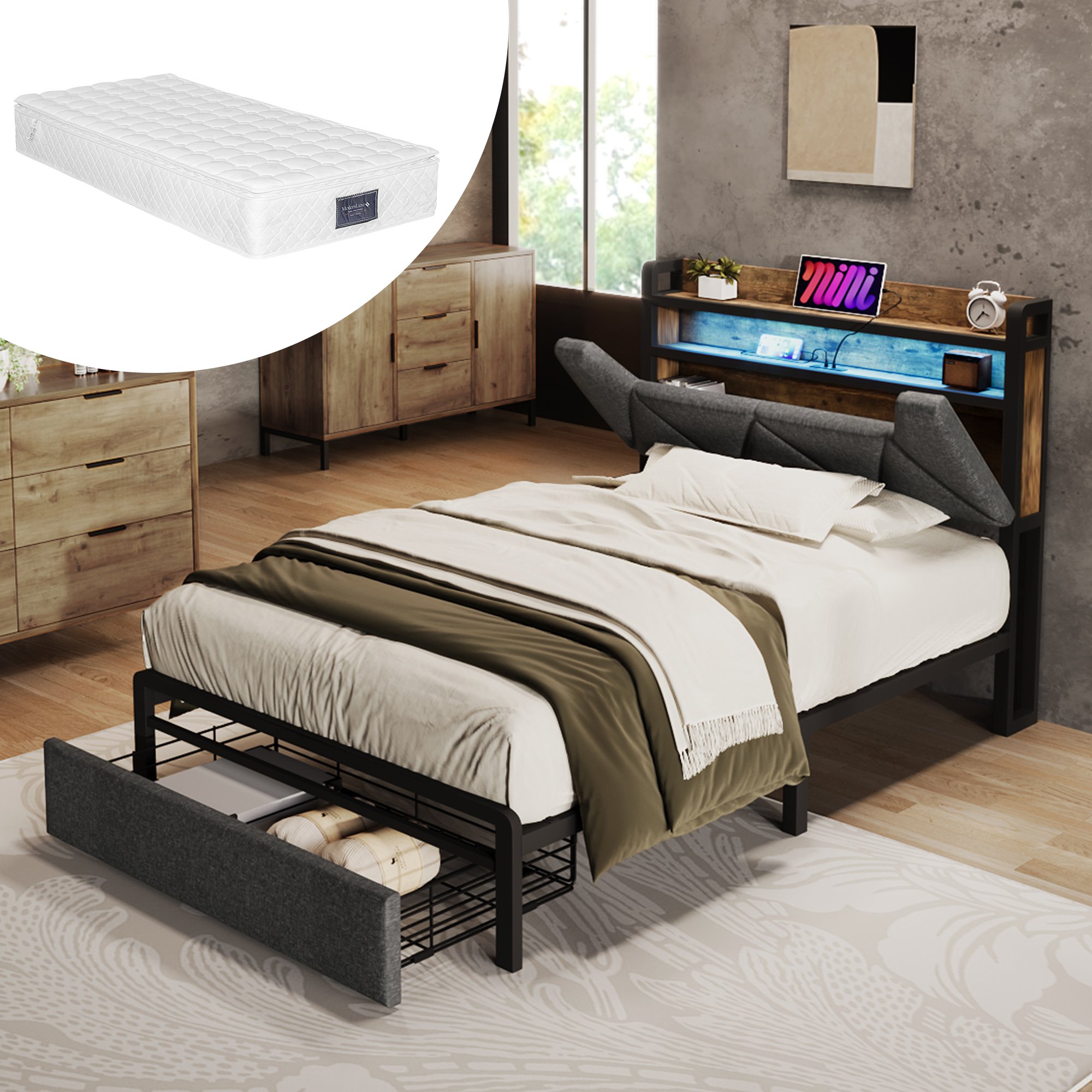 lit coffre 90x200 gris avec matelas, rangement hydraulique, LED, USB Type-C et sommier à lattes