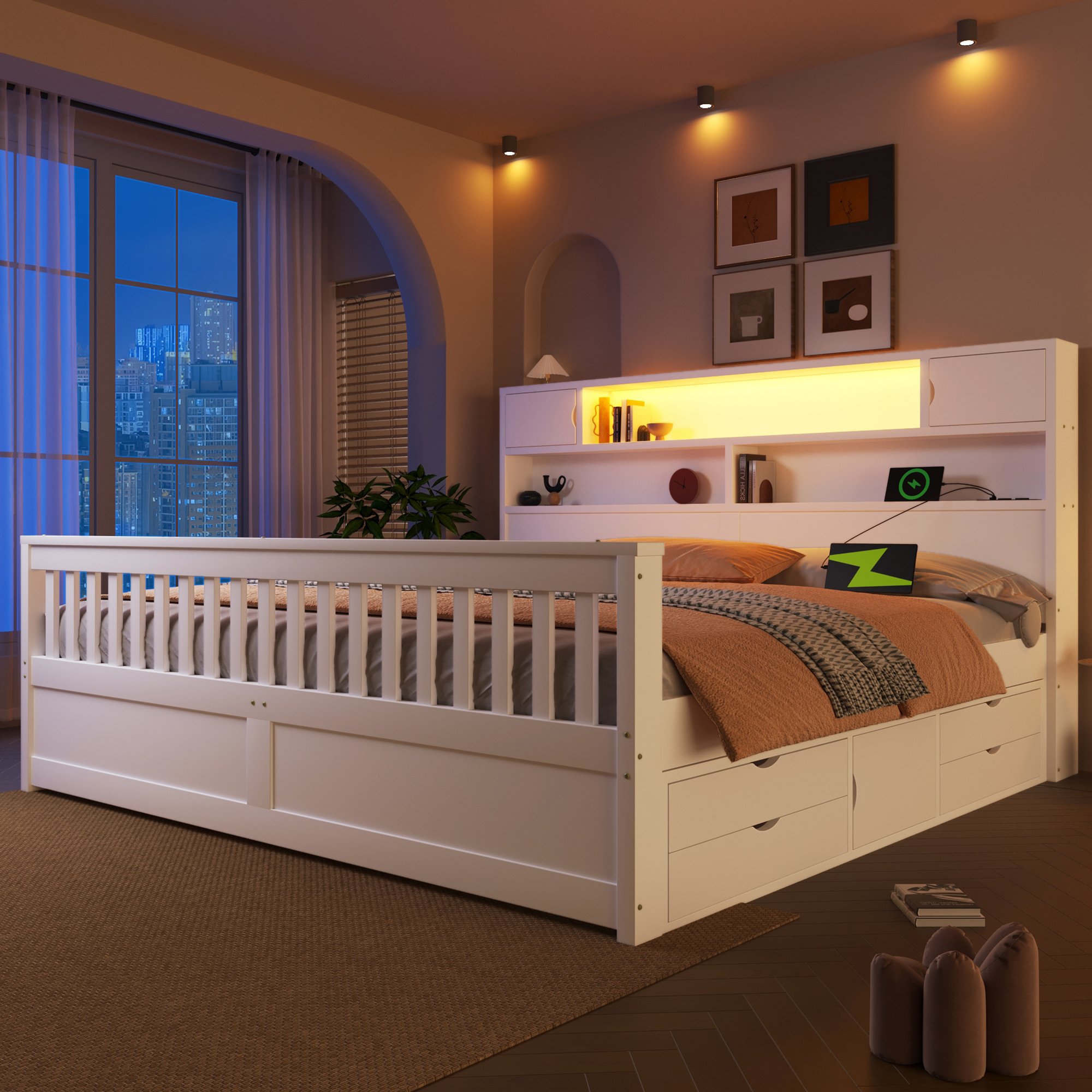 Lit coffre 180x200 en Panneau composite de fibres de bois à densité et contreplaqué, blanc, avec rangements et LED