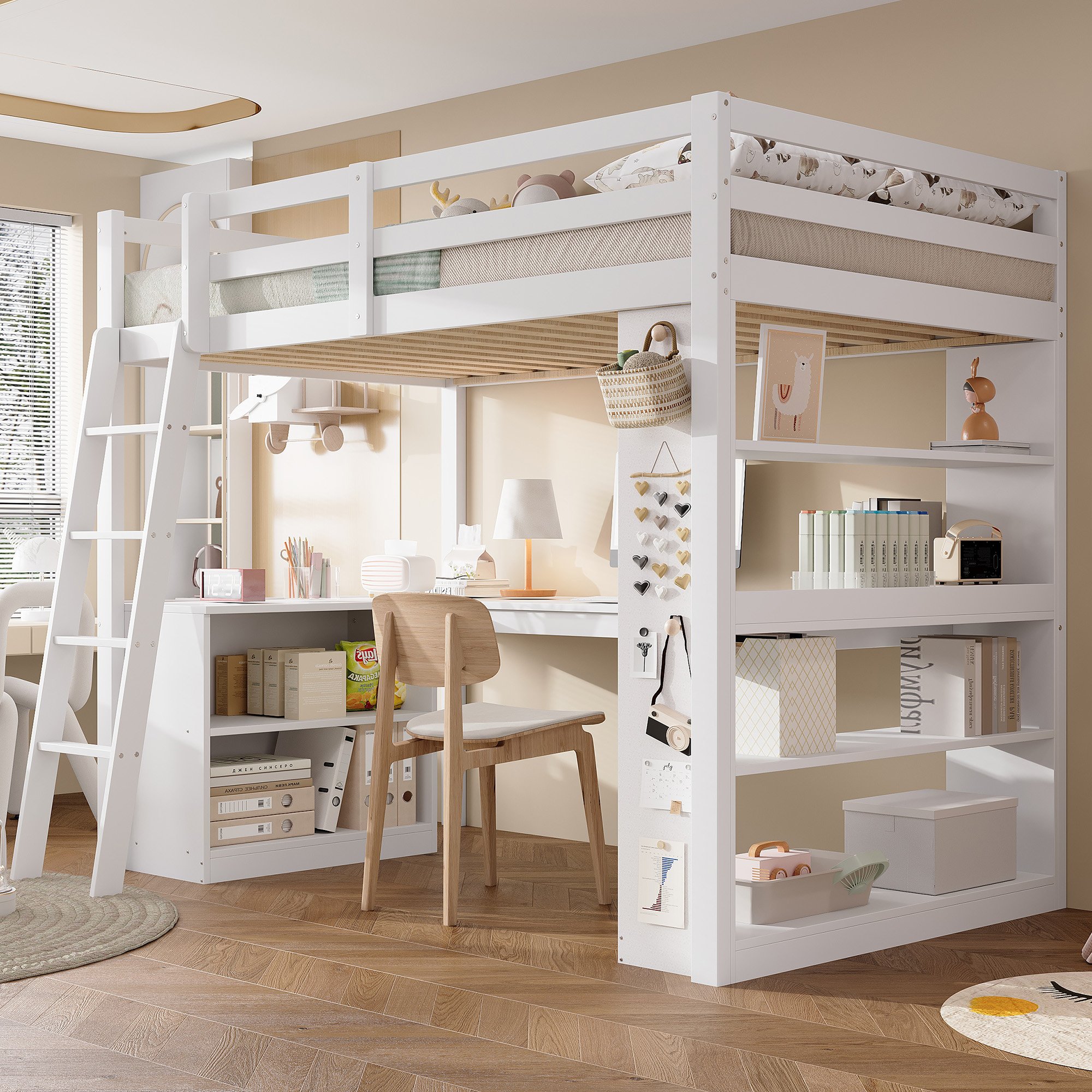 Lit mezzanine enfant avec rangement et échelle stable, 90x200