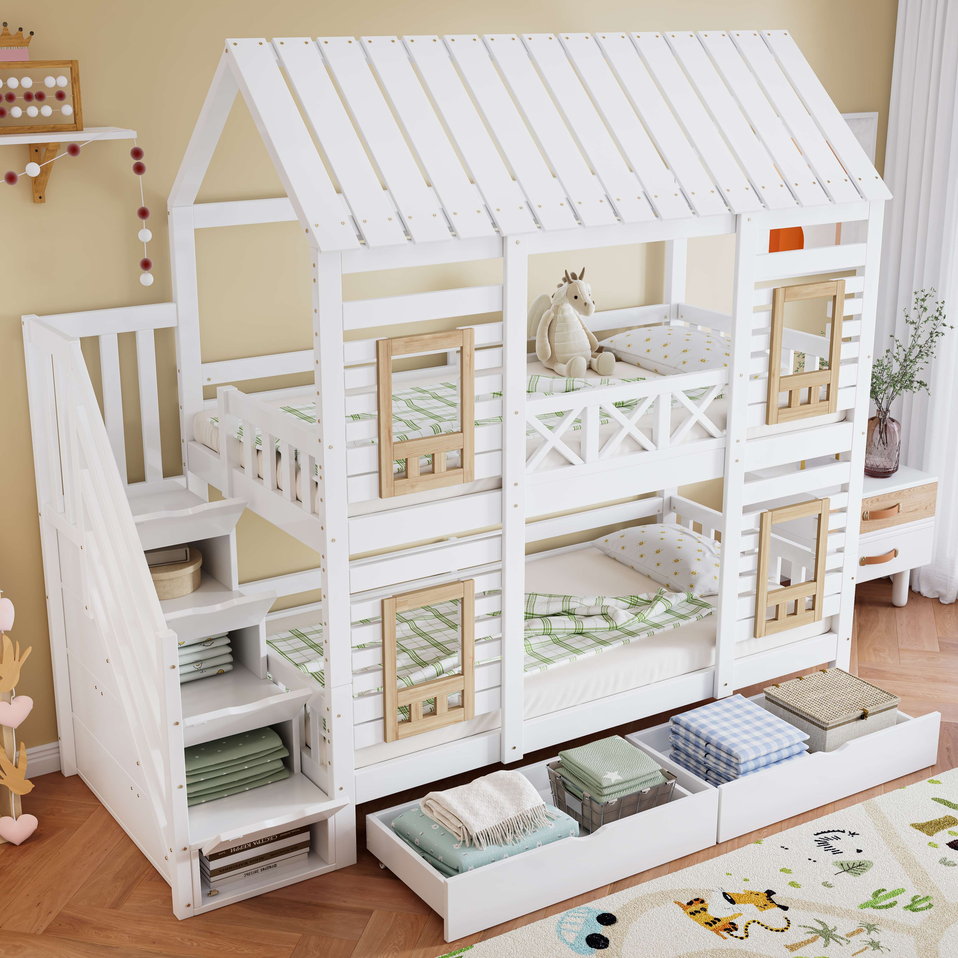 Lit superposé enfant 90x200 cm avec rangement, échelle et tiroirs, en pin blanc et naturel