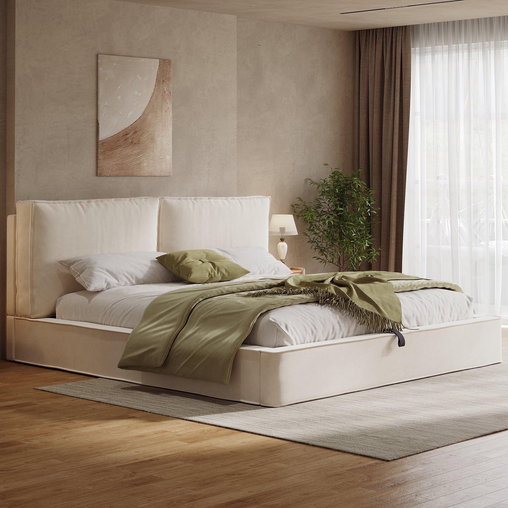 Lit coffre 180x200 cm en velours beige, dimensions totales 231x196x105 cm, capacité 300 kg, sans matelas, rangement hydraulique