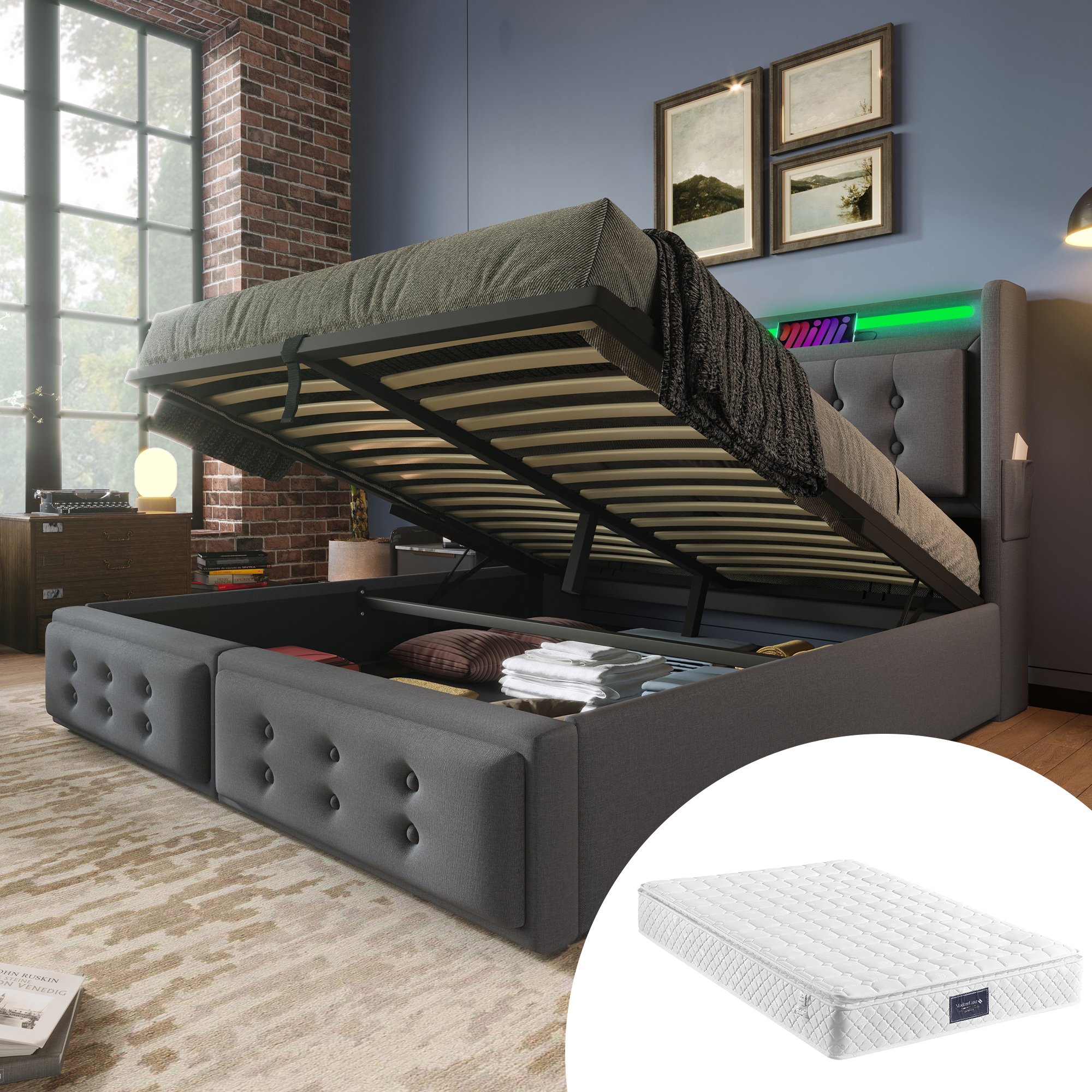 lit coffre 140x200 gris avec rangement hydraulique, LED, ports USB et sommier à lattes