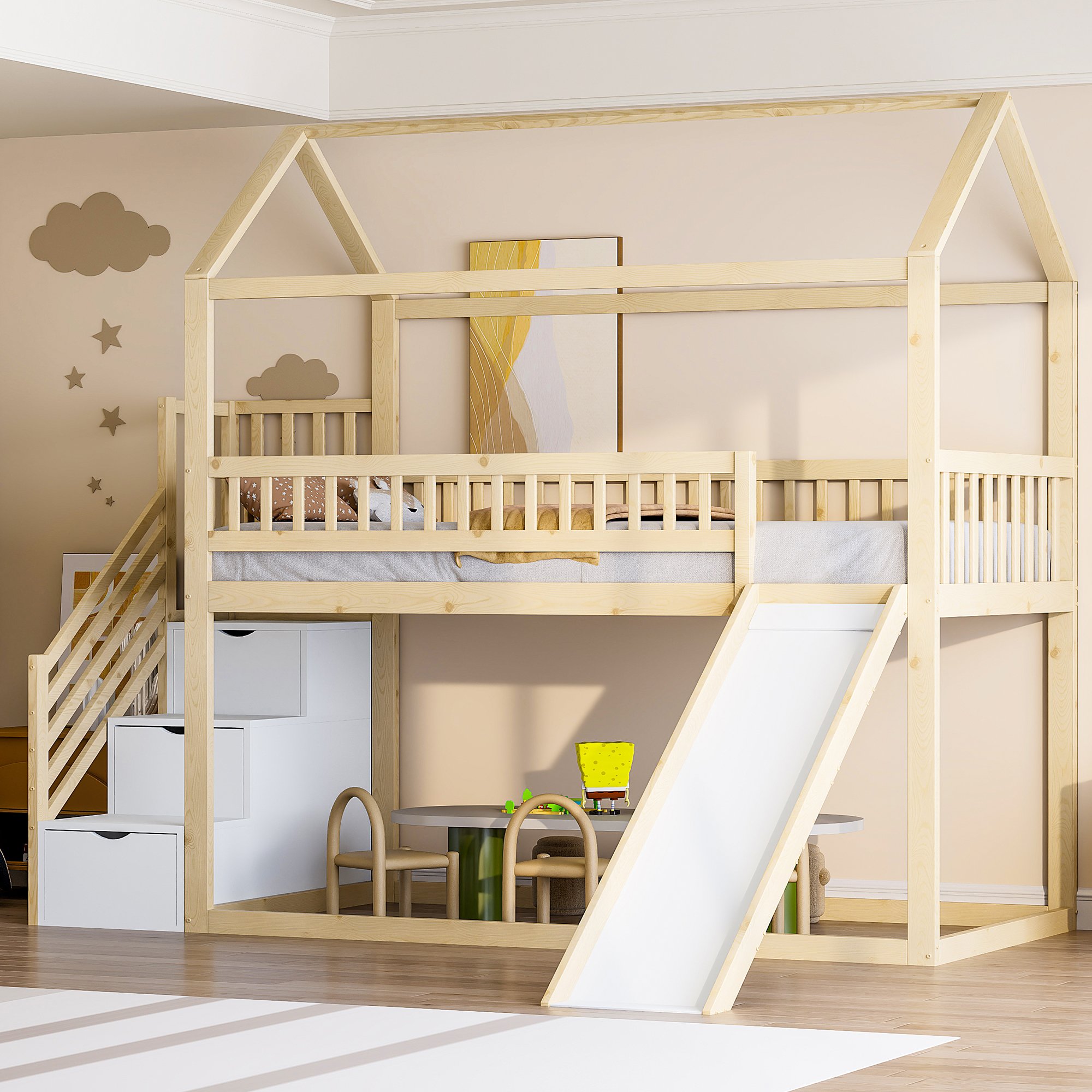 Lit mezzanine enfant avec toboggan et échelle de rangement, couchage 90x200, barrière de sécurité, bois massif