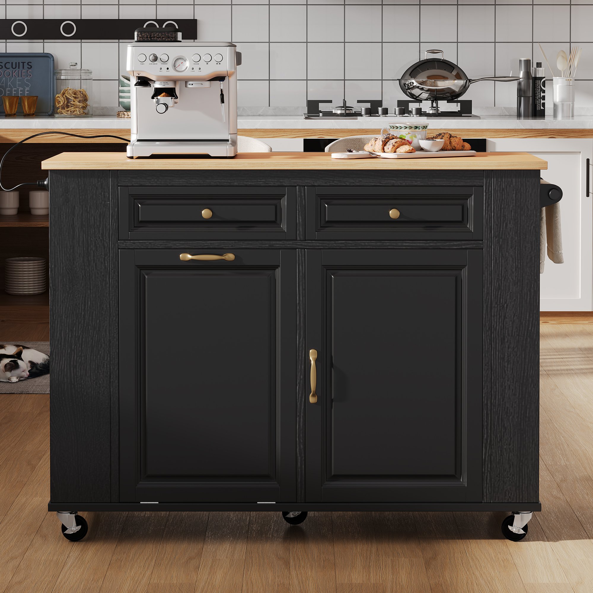 Îlot de cuisine mobile avec plan de travail escamotable, prises USB, compartiment poubelle et porte-serviettes, noir, 120 cm
