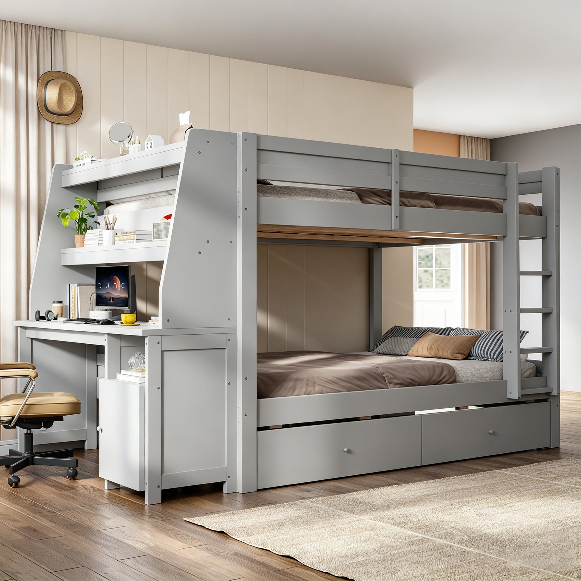 Lit superposé 140x200 avec rangement latéral réversible et bureau intégré, gris