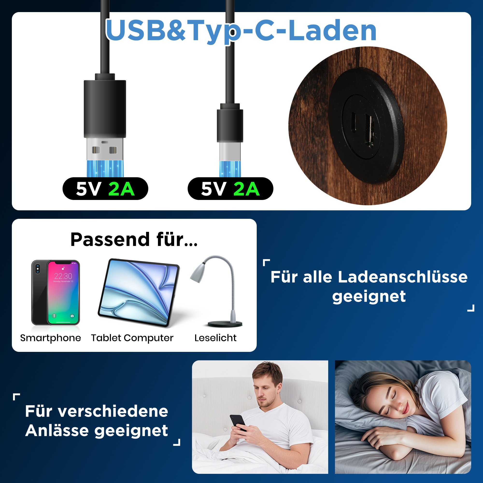 lit coffre double 160x200 cm avec tête de lit multifonction, ports USB, Type-C et grand espace de rangement