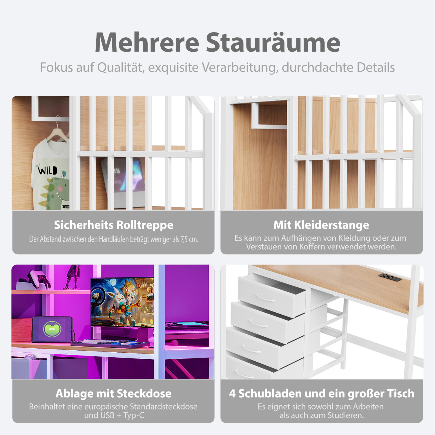 Lit superposé 90x200 avec bureau et rangements, métal blanc, LED et prise, meuble multifonction