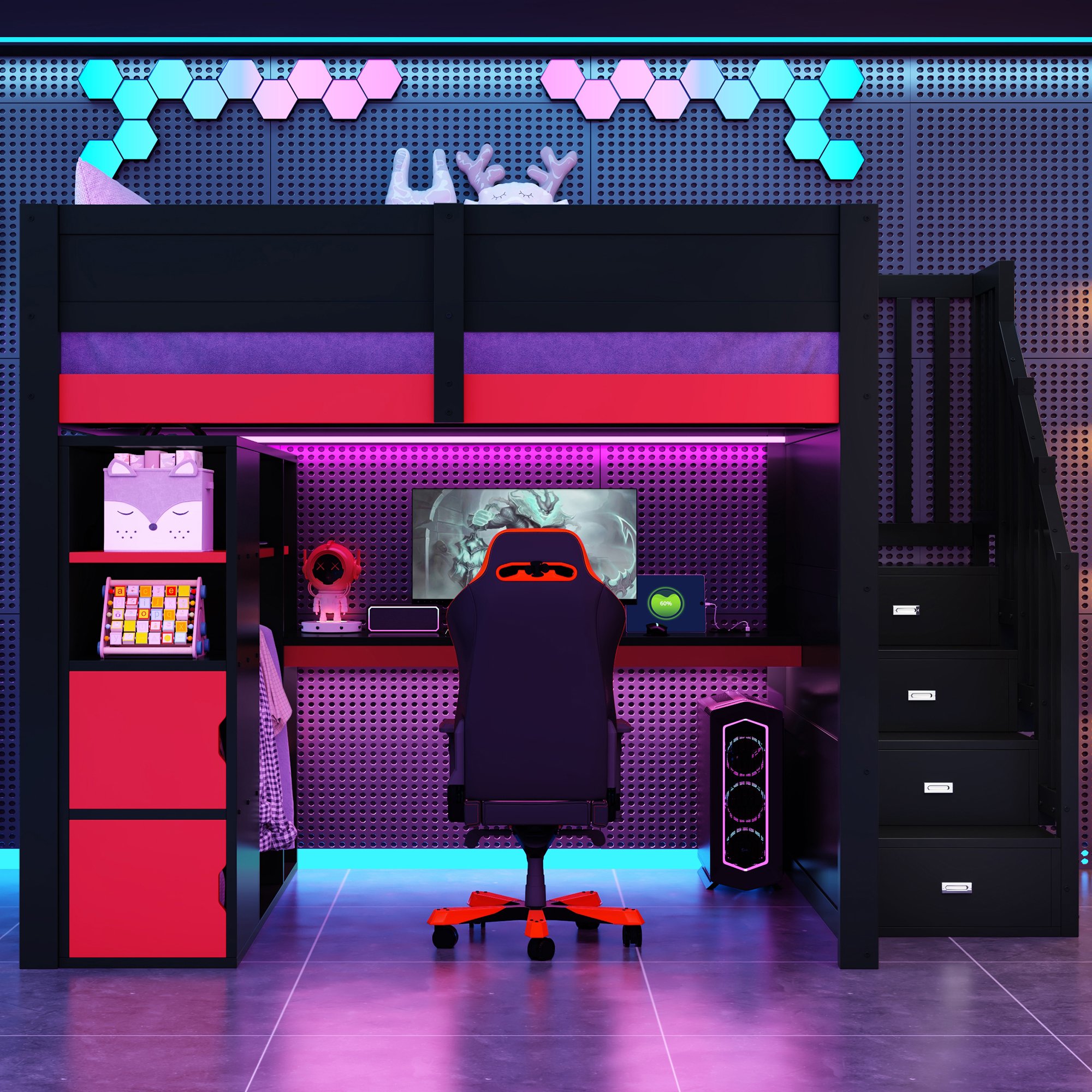 Lit mezzanine 140x200 avec bureau intégré et escalier avec rangements, LED et USB, noir et rouge
