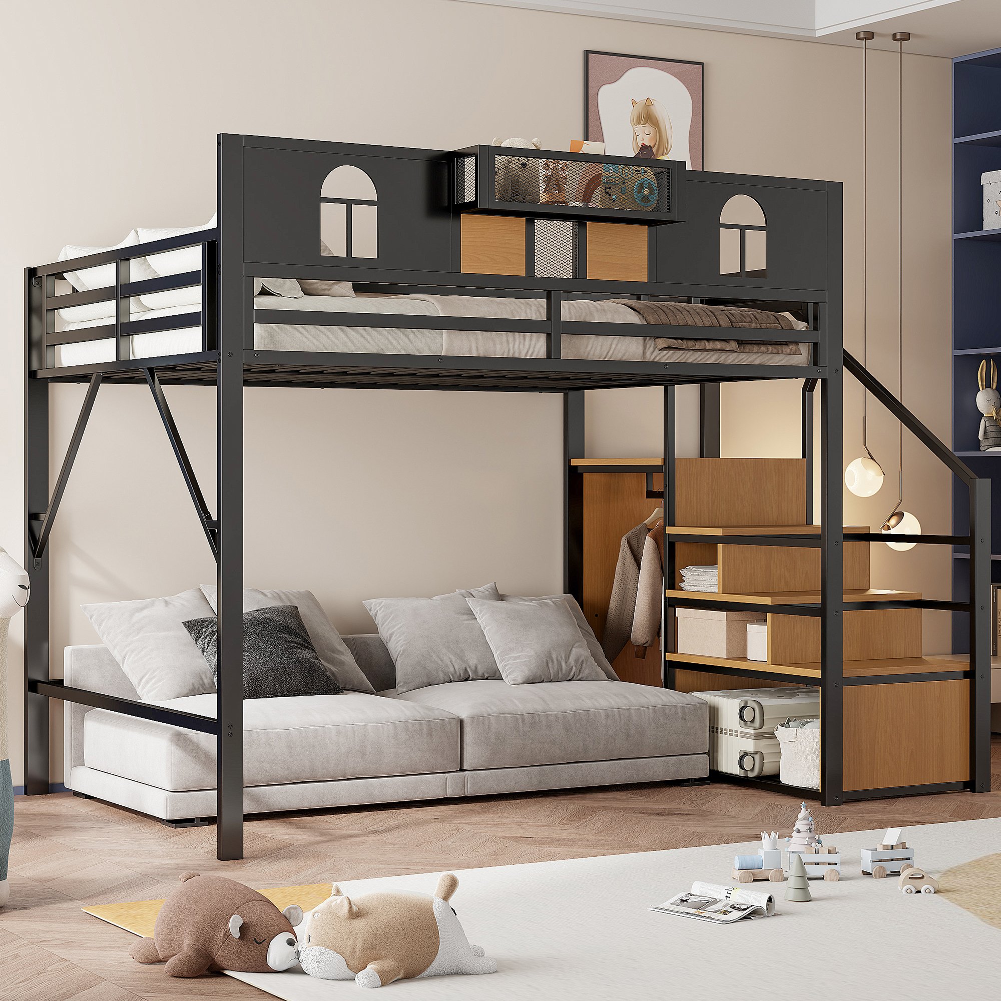 Lit mezzanine 140x200 avec rangements intégrés, échelle de rangement et espace sous le lit