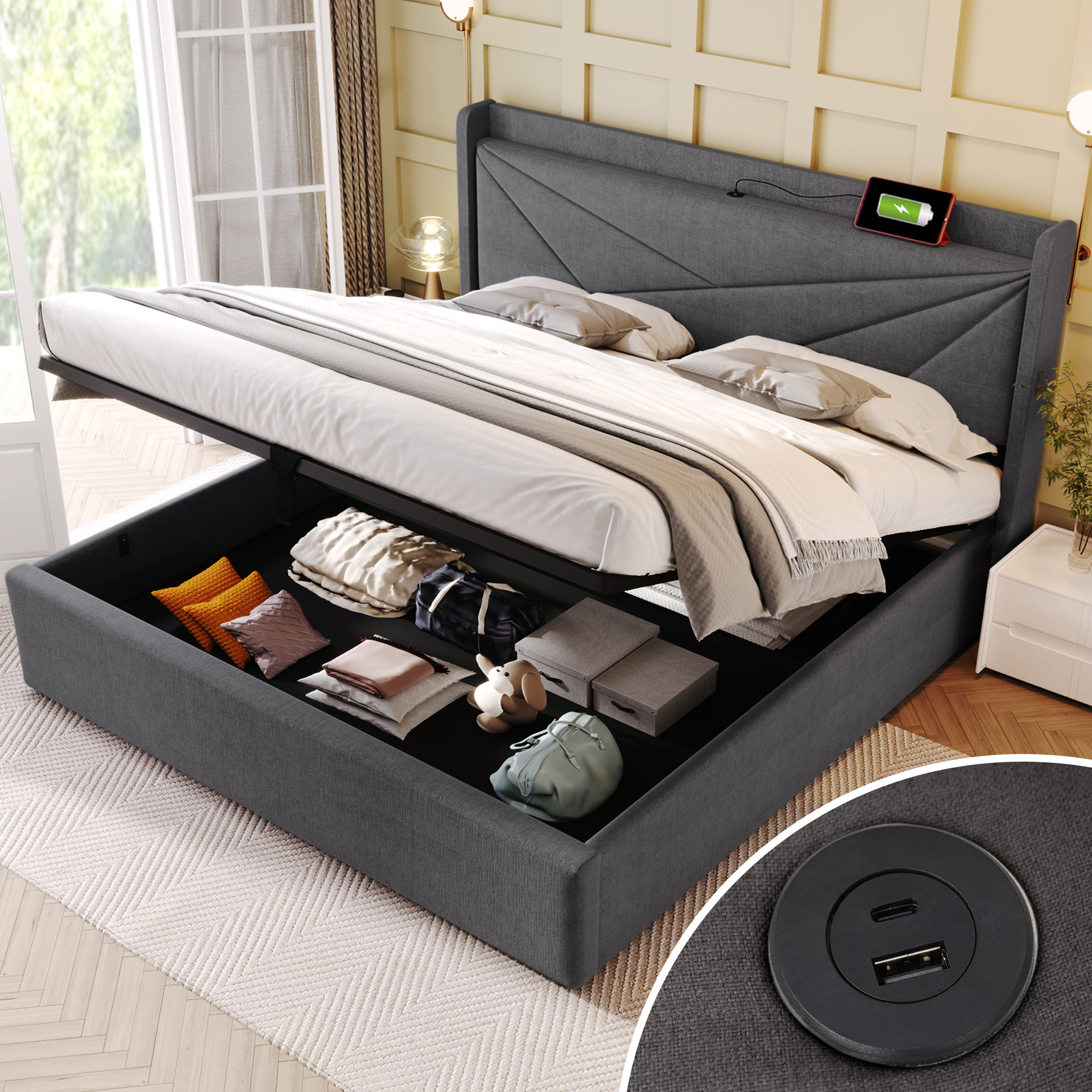 lit coffre double 140x200 gris avec tête de lit rembourrée en lin, rangement sous le couchage et ports USB Type-C intégrés