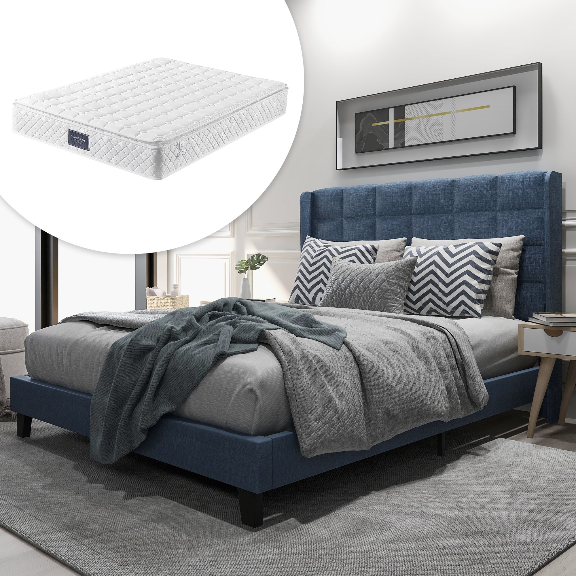 Lit double rembourré 140x200 confort moelleux pour lecture, tête haute douce et sommier à lattes stable sans boxspring