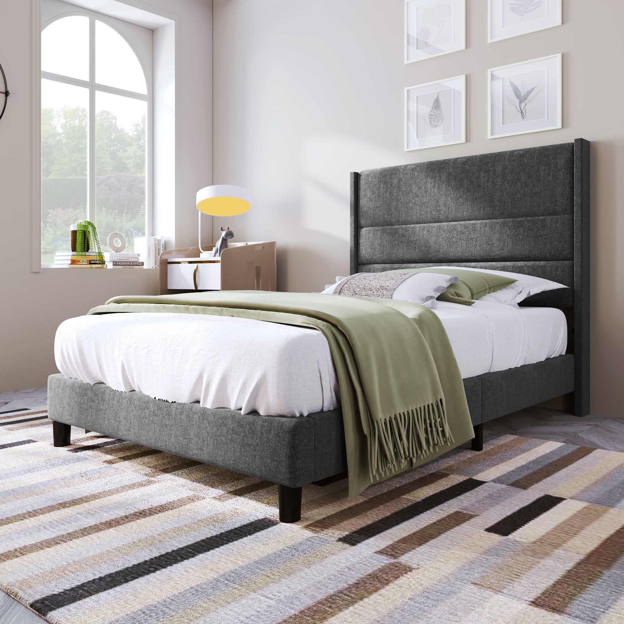 lit double avec sommier et matelas 90x200 gris foncé, soutien ergonomique 7 zones H3 pour sommeil optimal
