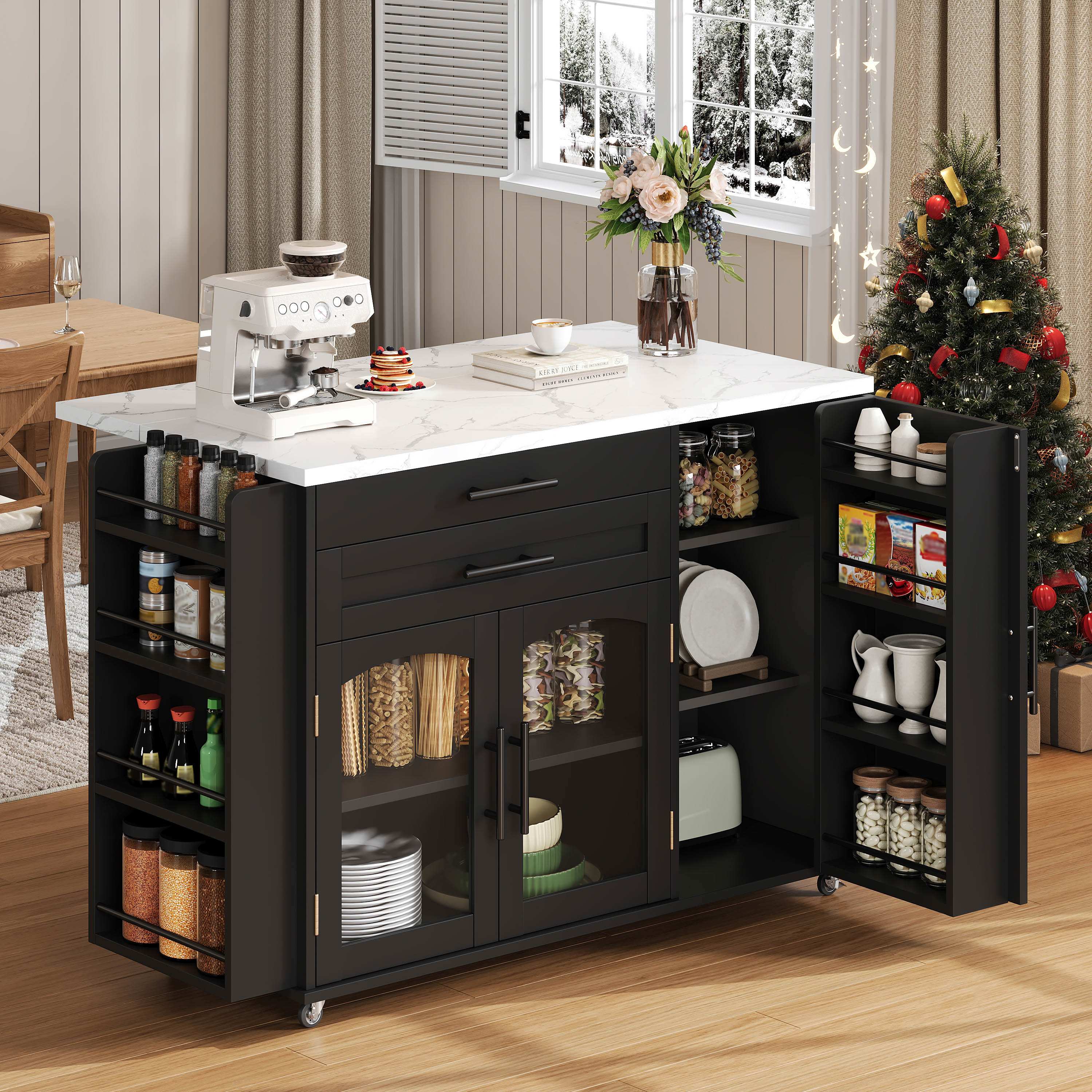 Îlot de cuisine en Panneau composite de fibres de bois à densité noir, structure stable avec roulettes verrouillables, plan rabattable, rangements, 120x45(70)x90 cm