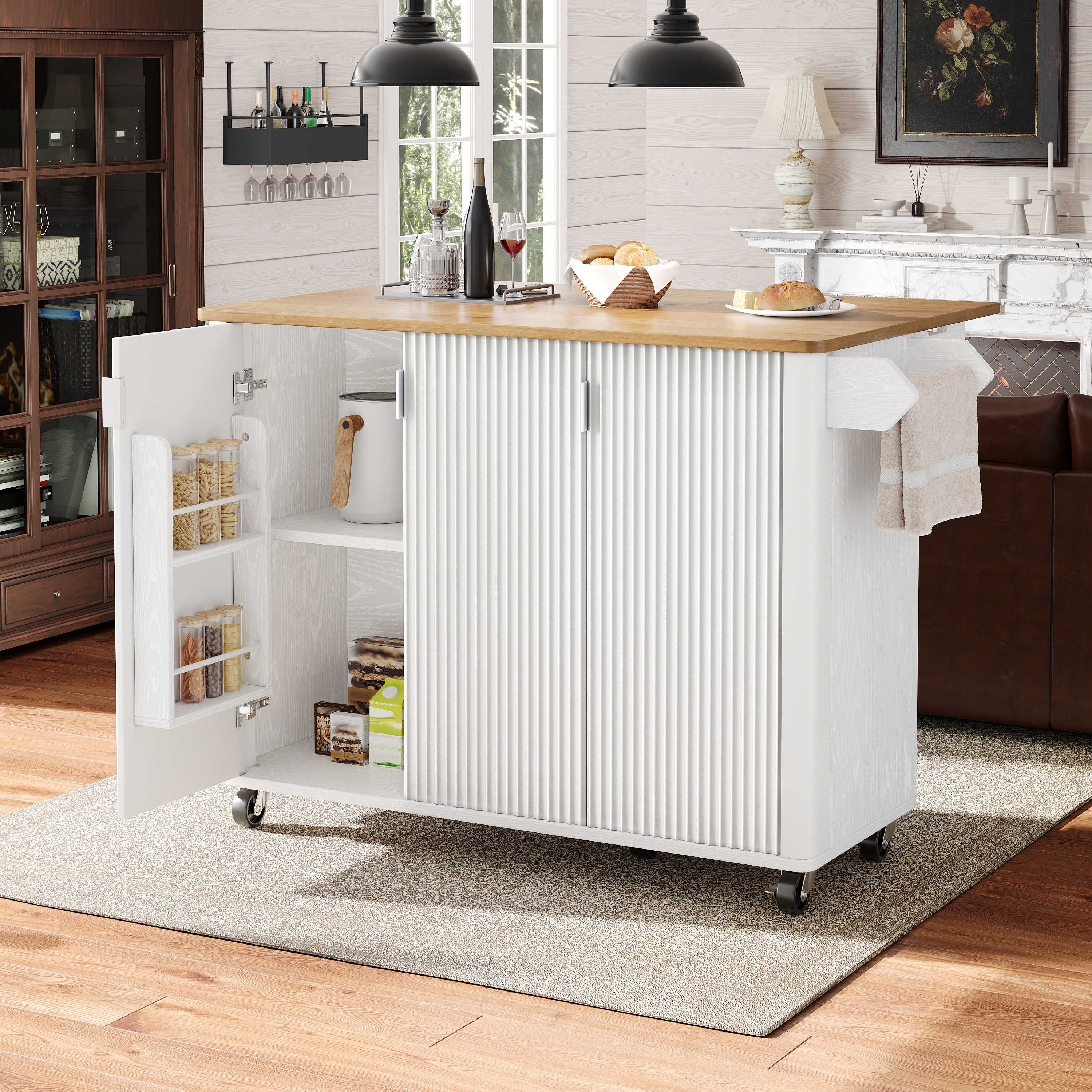 Îlot de cuisine 130x45(75)x92cm, 3 portes, étagères réglables, sur roulettes, porte-serviettes, étagère à épices, blanc, Panneau composite de fibres de bois à densité