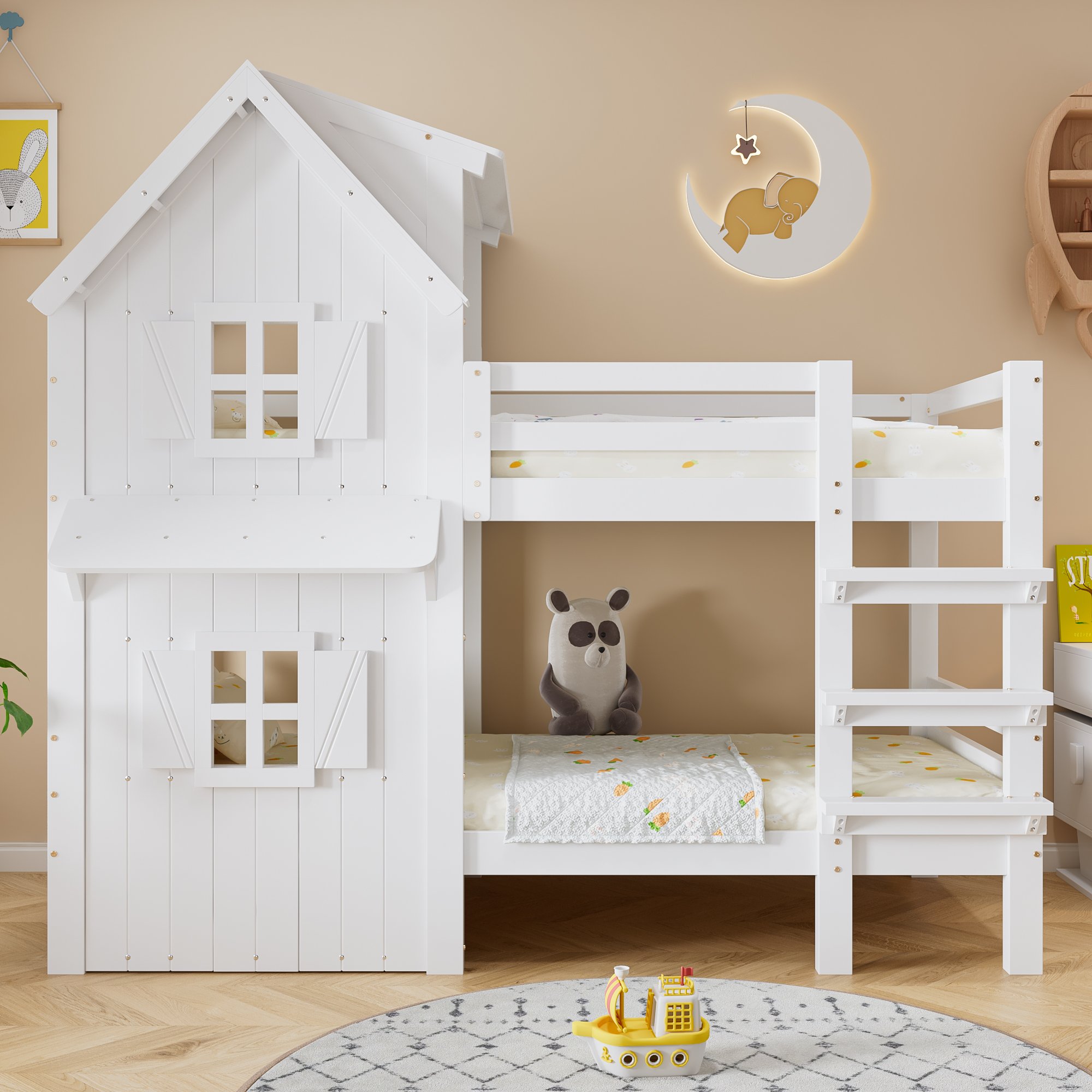 Lit superposé 90x200 cm pour enfant, 2 couchages, avec échelle droite et garde-corps, blanc