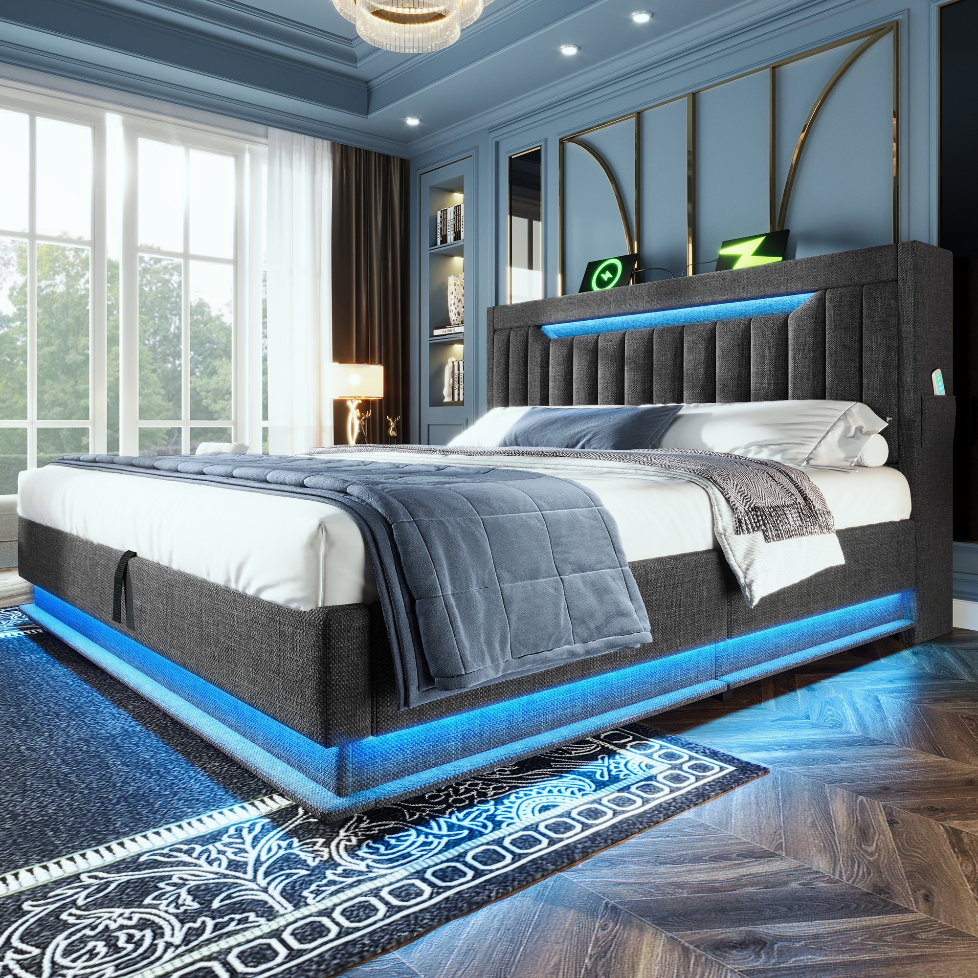 lit coffre 180x200 pour deux personnes avec sommier à lattes, rangement hydraulique et éclairage LED intégré