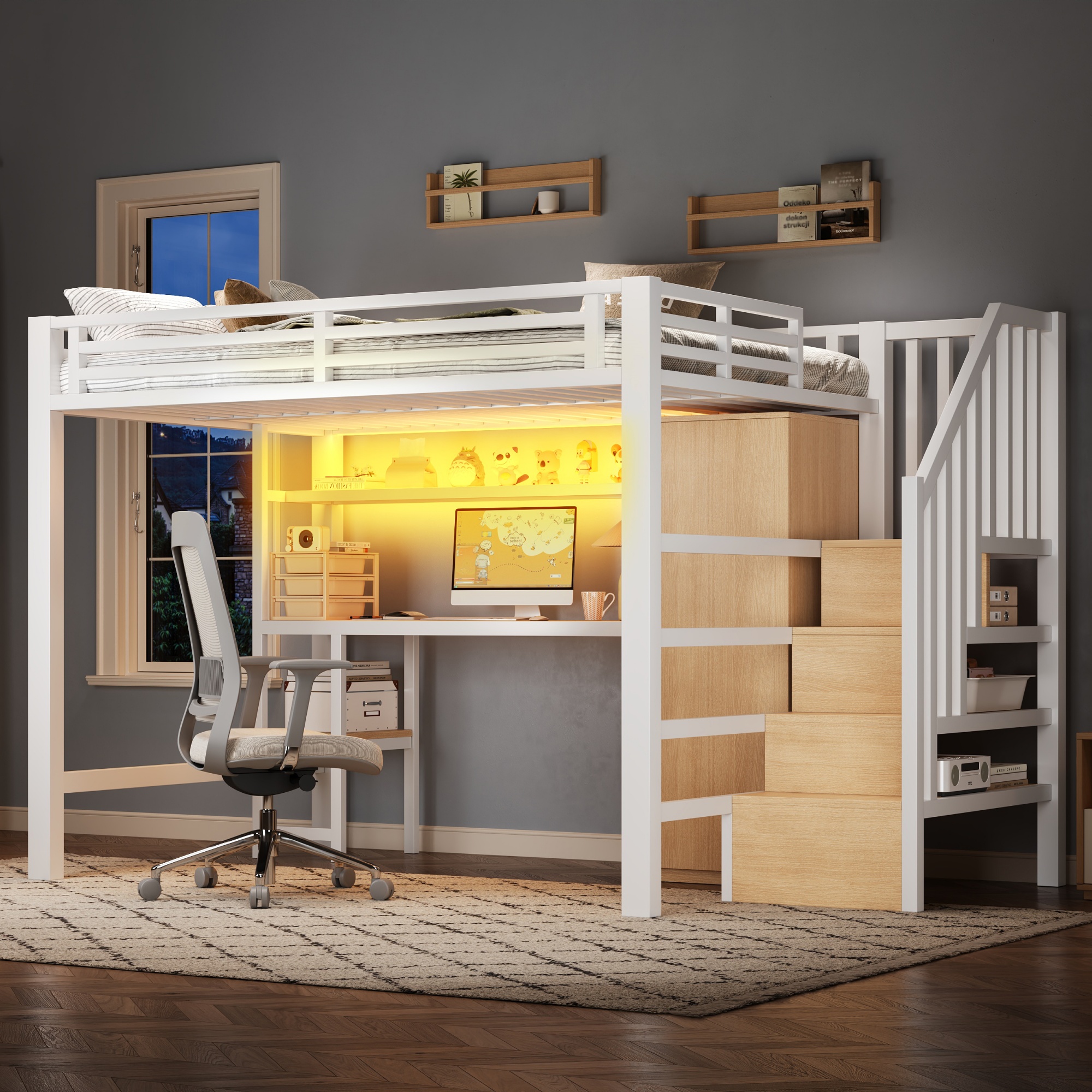 Lit mezzanine 140x200 blanc métal avec bureau, armoire, étagère et échelle de rangement