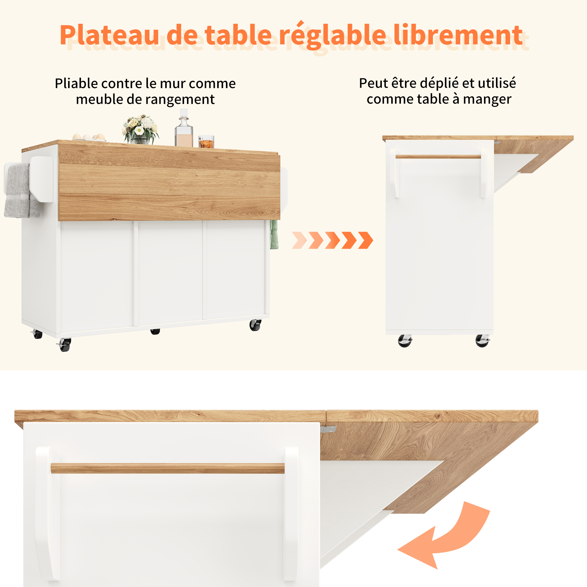 Îlot de cuisine en Panneau composite de fibres de bois à densité blanc, structure métallique, 120x43,2x92 cm, avec rangement, table pliante, 5 roulettes, 2 tiroirs