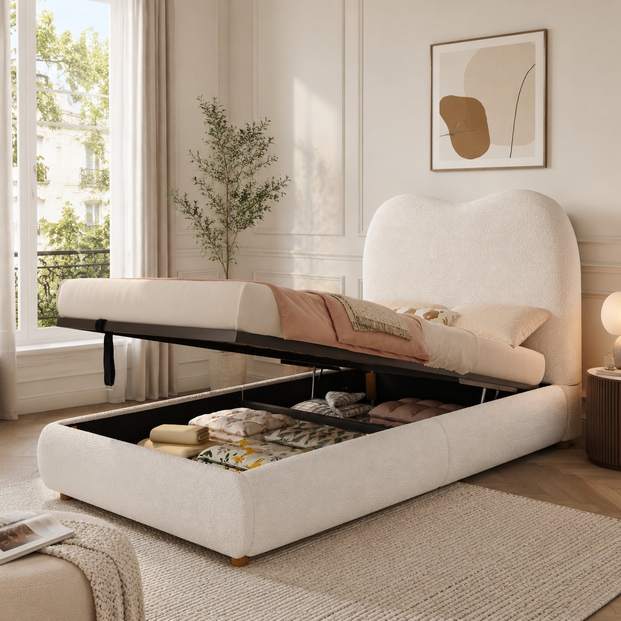 Lit coffre 90x200 cm beige en tissu bouclé avec sommier à lattes et grand rangement hydraulique pour lit enfant simple