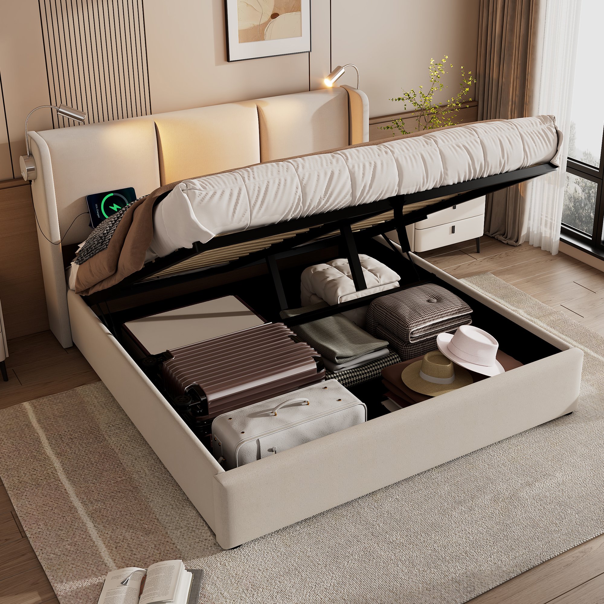 lit coffre 140x200 revêtement lin beige structure métal bois massif, tête de lit rembourrée avec lumière LED