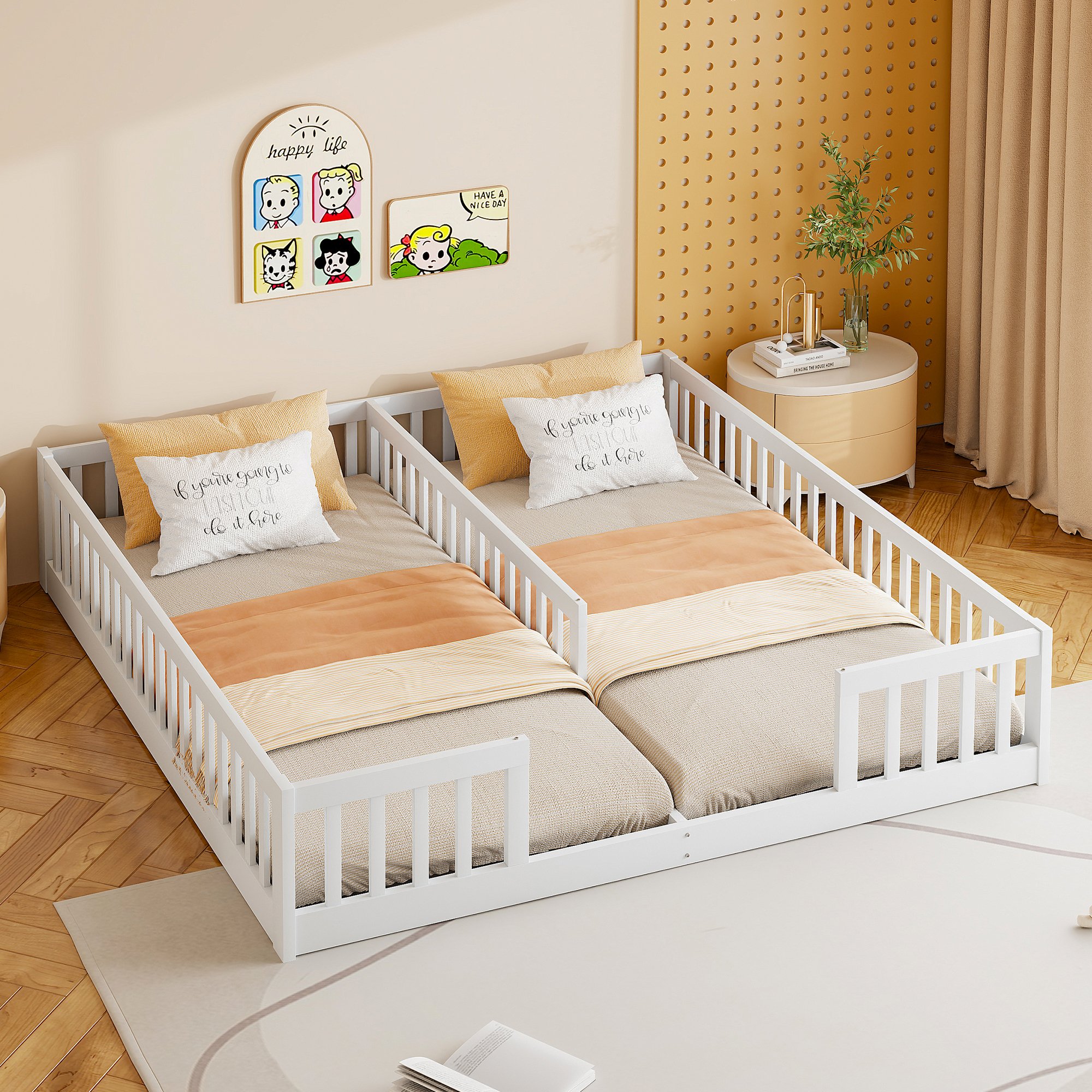 Lit enfant 90x200 pour deux enfants, avec barrière de sécurité, en pin blanc