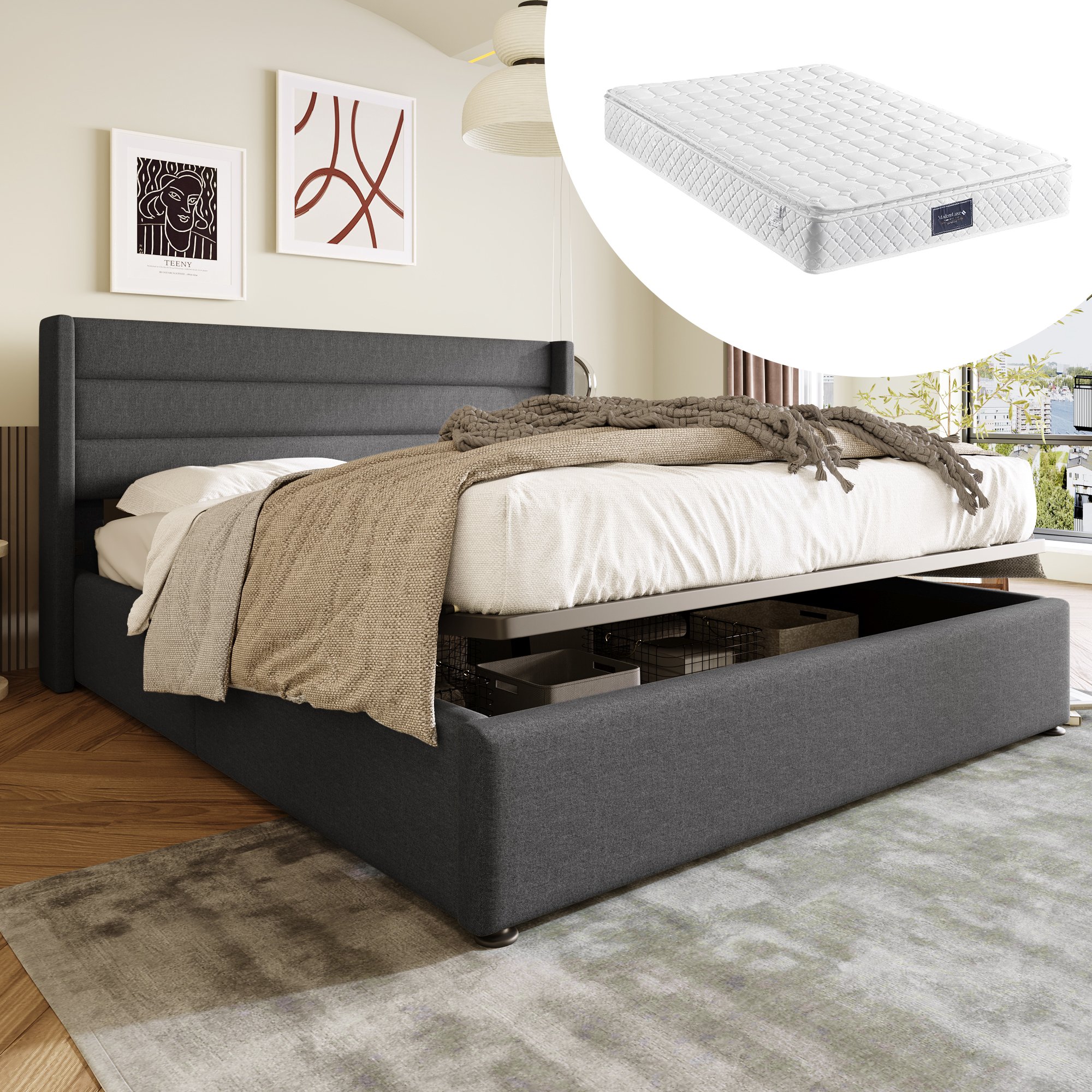 Lit coffre 140x200 cm avec matelas H25cm et sommier bois, capacité de charge 181kg, dimensions totales 214.5x153.5x114cm gris